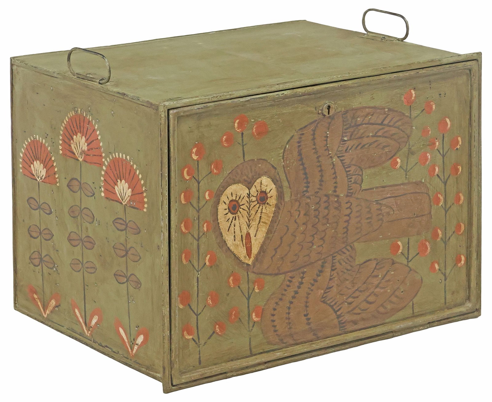 ENGLISH FOLK ART STYLE OWL & FLOWERS PAINT-DECORATED TIN DEED BOX: English paint-decorated tin deed box, early 20th c., the exterior later painted in the folk art style, with an owl centering the hinged fall-front lid, stylized blooming flower stalks to the sides, in