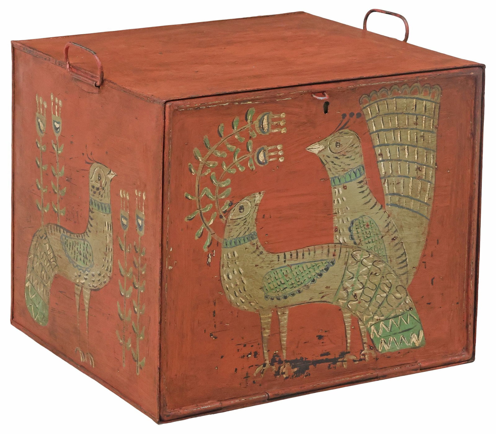 ENGLISH FOLK ART STYLE PAINT-DECORATED METAL DEED BOX: English paint-decorated metal deed box, early 20th c., in a later, intentionally distressed red painted finish with bird motifs, fall-front panel revealing shelved interior, flanked by upright handles
