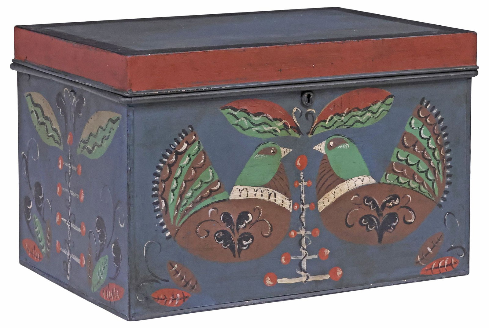 ENGLISH FOLK ART STYLE PAINT-DECORATED TIN VETERAN SERIES DEED BOX: English paint-decorated tin deed box, Veteran Series, mid-20th c., the exterior in a later folk art-style painted finish with birds and foliate motifs on polychrome ground, open interior, lid retainin