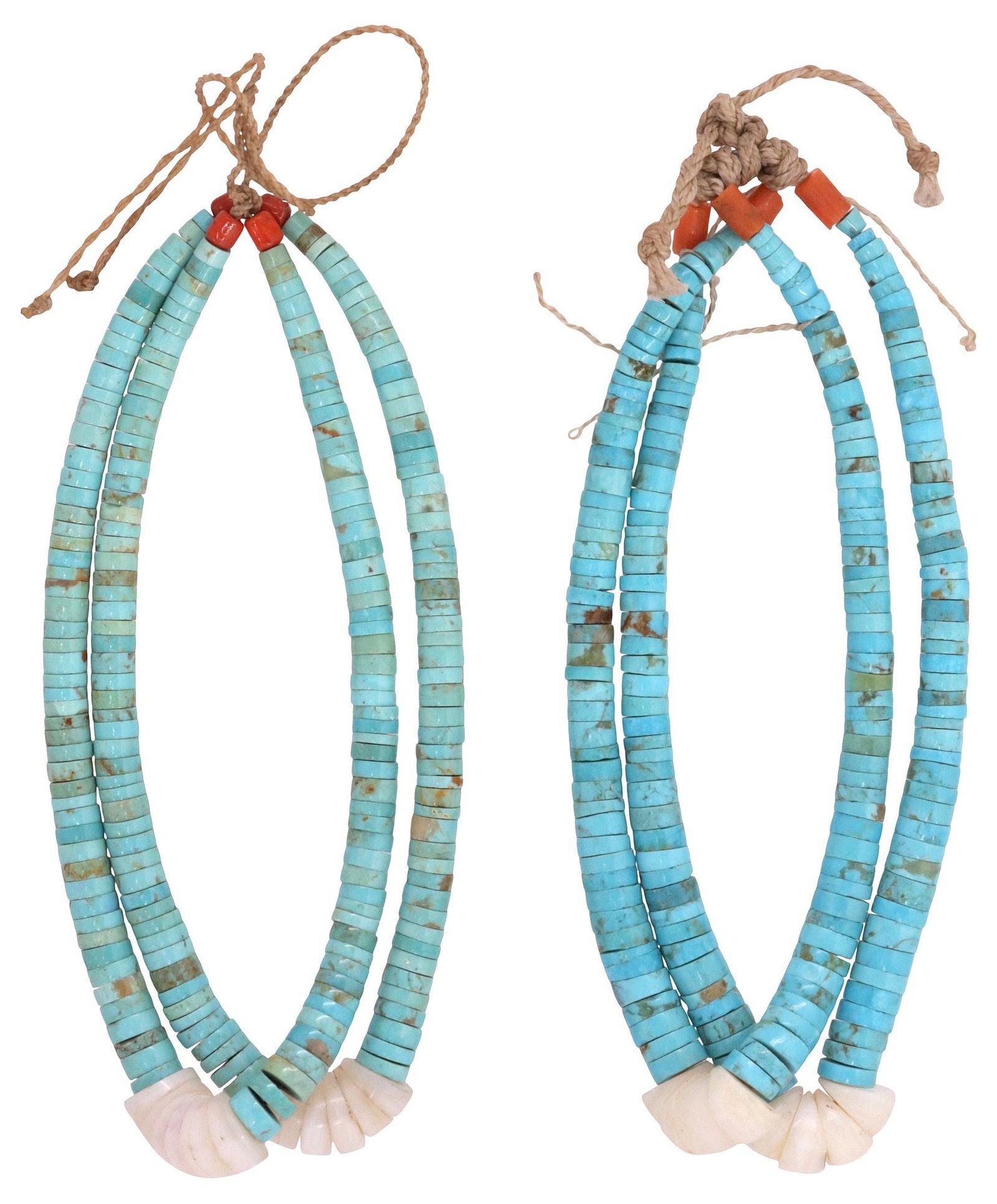 (2 PAIRS) NATIVE AMERICAN PUEBLO TURQUOISE BEADED JACLA PENDANTS: (2 pairs) Native American Pueblo beaded Jacla/ Jocla earring pendants, each having graduated turquoise disc beads and red coral terminals, with central tapering shell beads, on woven cord, each: appro
