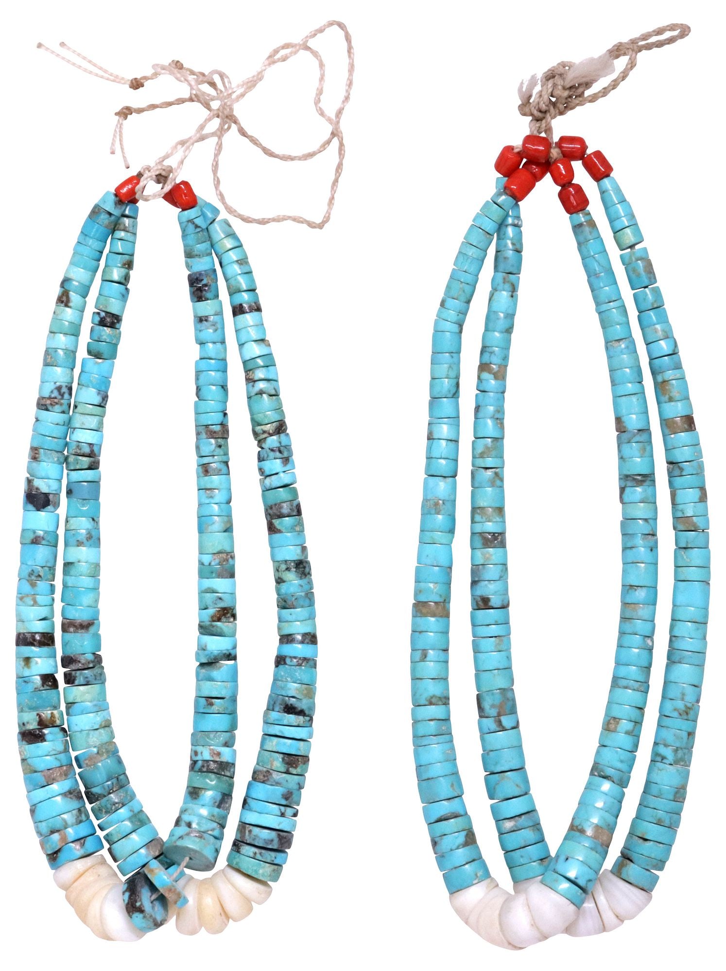 (2 PAIRS) NATIVE AMERICAN PUEBLO TURQUOISE BEADED JACLA PENDANTS: (2 pairs) Native American Pueblo beaded Jacla/ Jocla earring pendants, each having graduated turquoise disc beads and red coral terminals, with central tapering shell beads, on woven cord, each: appro