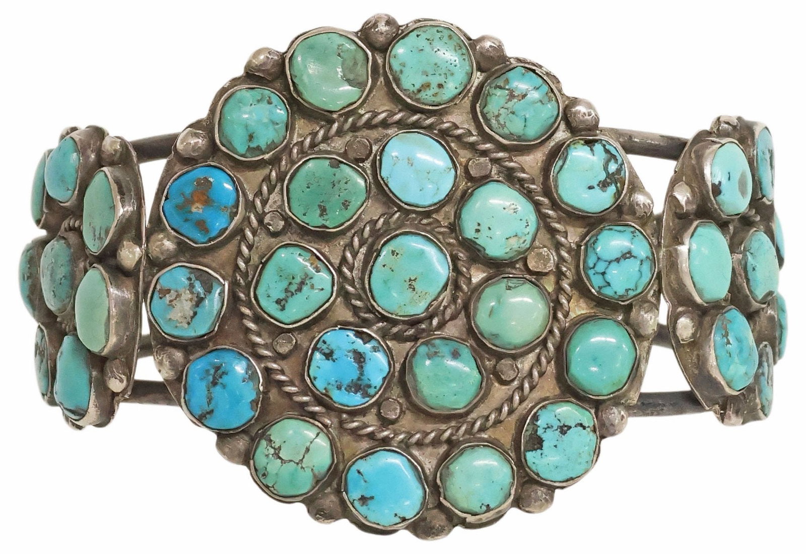 NATIVE AMERICAN SILVER & TURQUOISE CLUSTER CUFF BRACELET