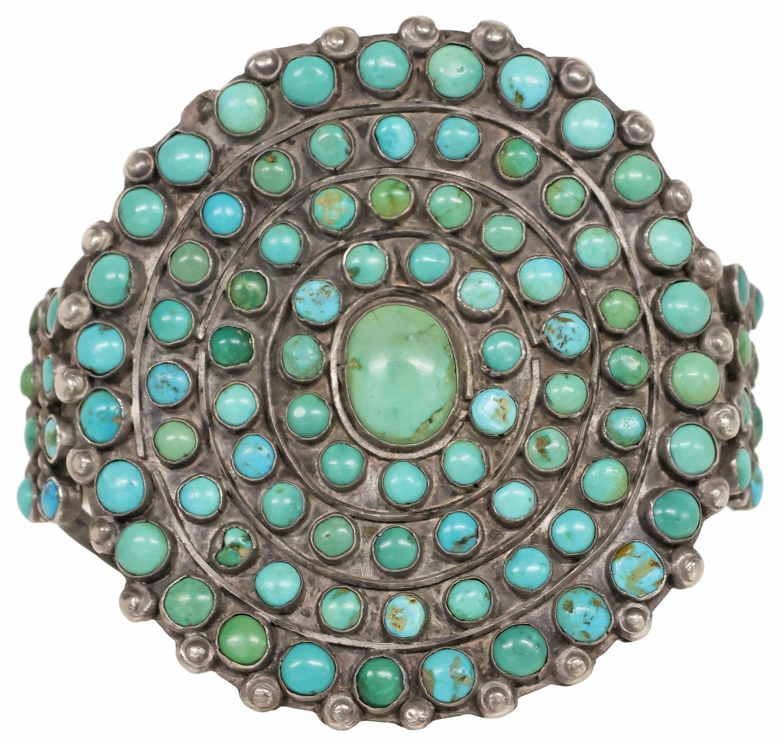 LARGE NATIVE AMERICAN SILVER & TURQUOISE RADIATING CLUSTER CUFF BRACELET
