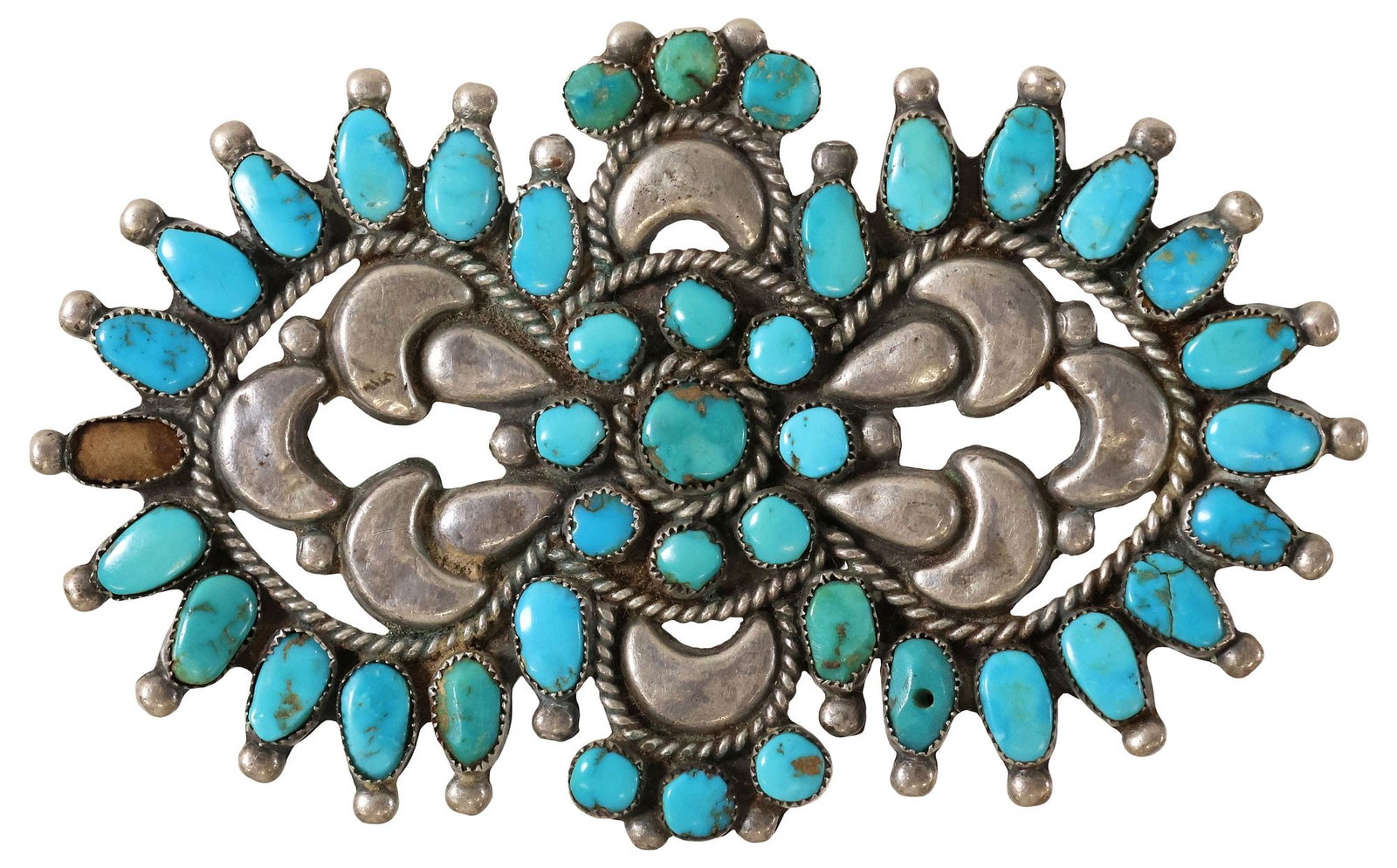LARGE SIGNED NATIVE AMERICAN SILVER & PETIT POINT TURQUOISE BROOCH: Large Native American silver (content unknown) and turquoise brooch, openwork plaque with radiating petit-point turquoise cabochons, twisted rope trim and beaded accents, among crescent moon motifs, t