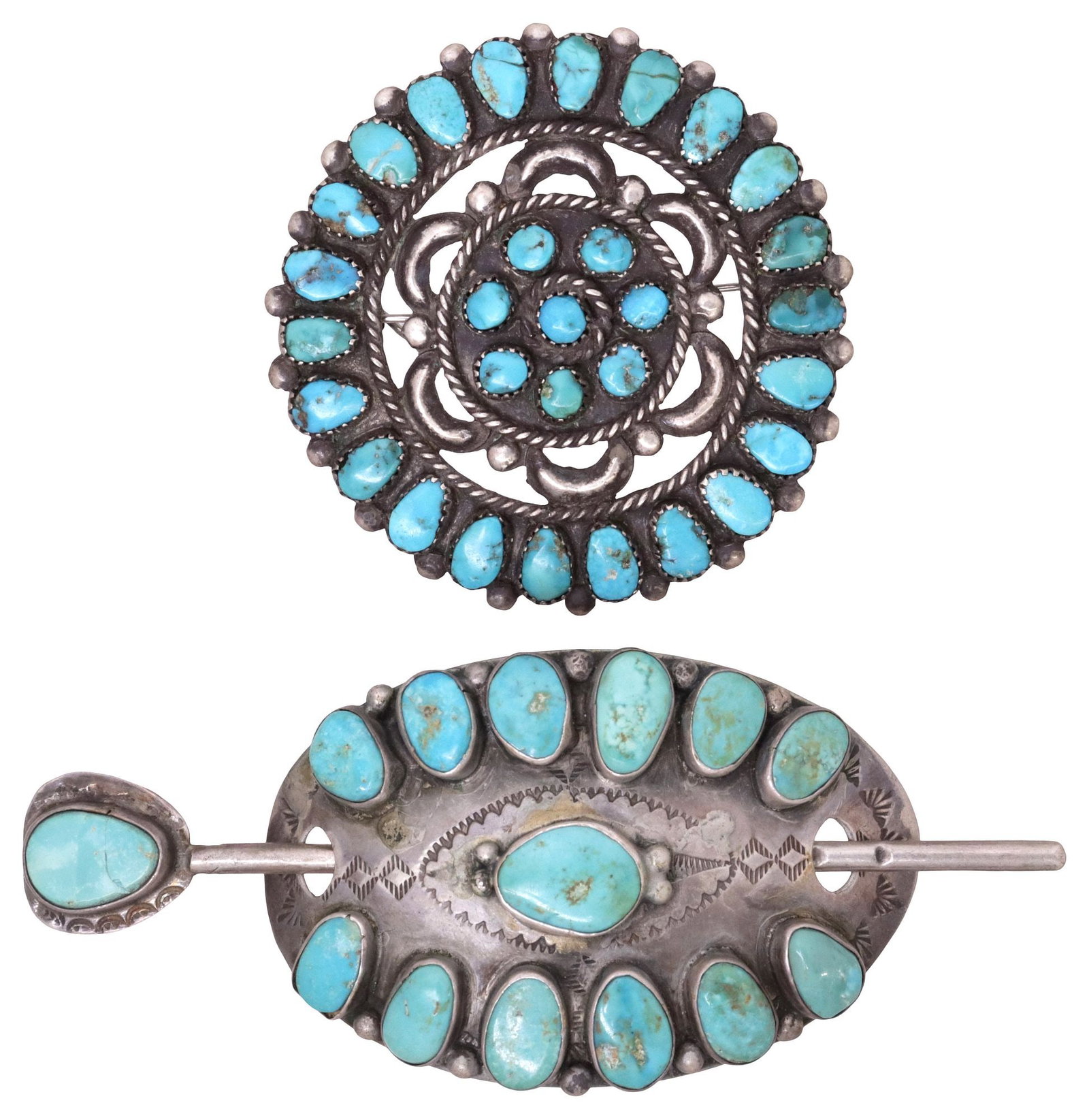 (2) NATIVE AMERICAN SILVER & PETIT POINT TURQUOISE HAIR BARRETTE & BROOCH: (lot of 2) Native American silver (content unknown) and turquoise jewelry, including: (1) hair stick barrette, curved ovular plaque with (thirteen) bezel-set turquoise cabochons and geometric stampwor