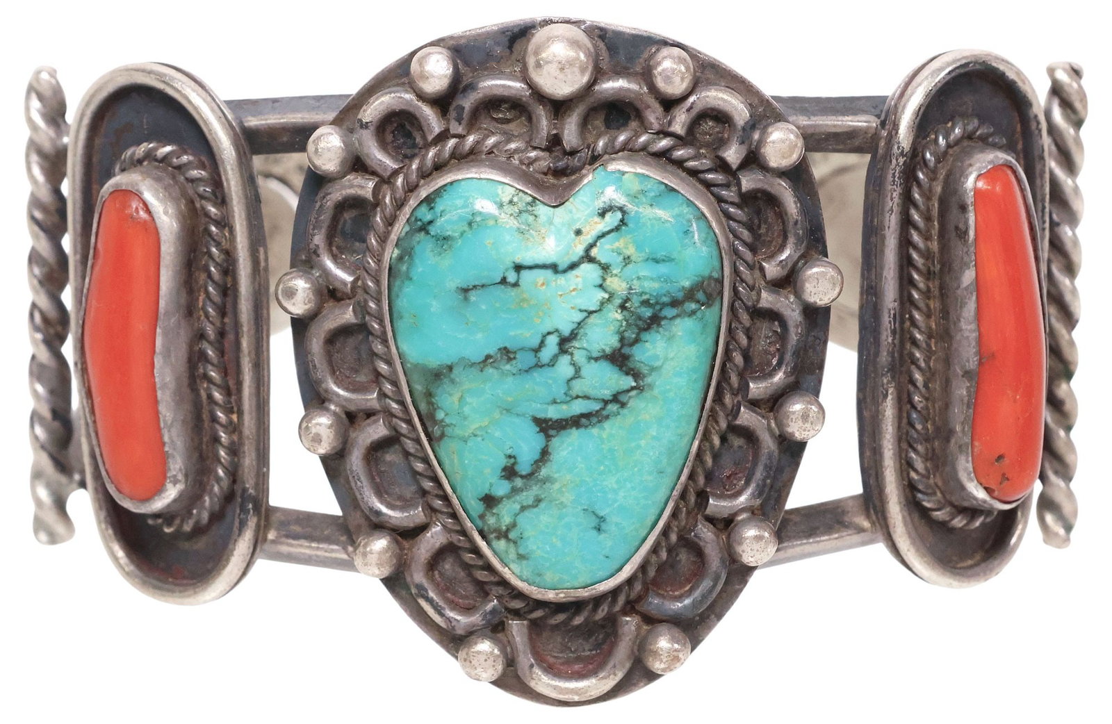 WILBURT NAVAJO 1976 BICENTENNIAL SILVER, TURQUOISE, & RED CORAL CUFF: Native American Bicentennial commemorative silver (content unknown) cuff bracelet, inscribed Navajo Land USA by Wilburt,1776 Bicentennial 1976, central heart-shaped turquoise cabochon, with beaded acc