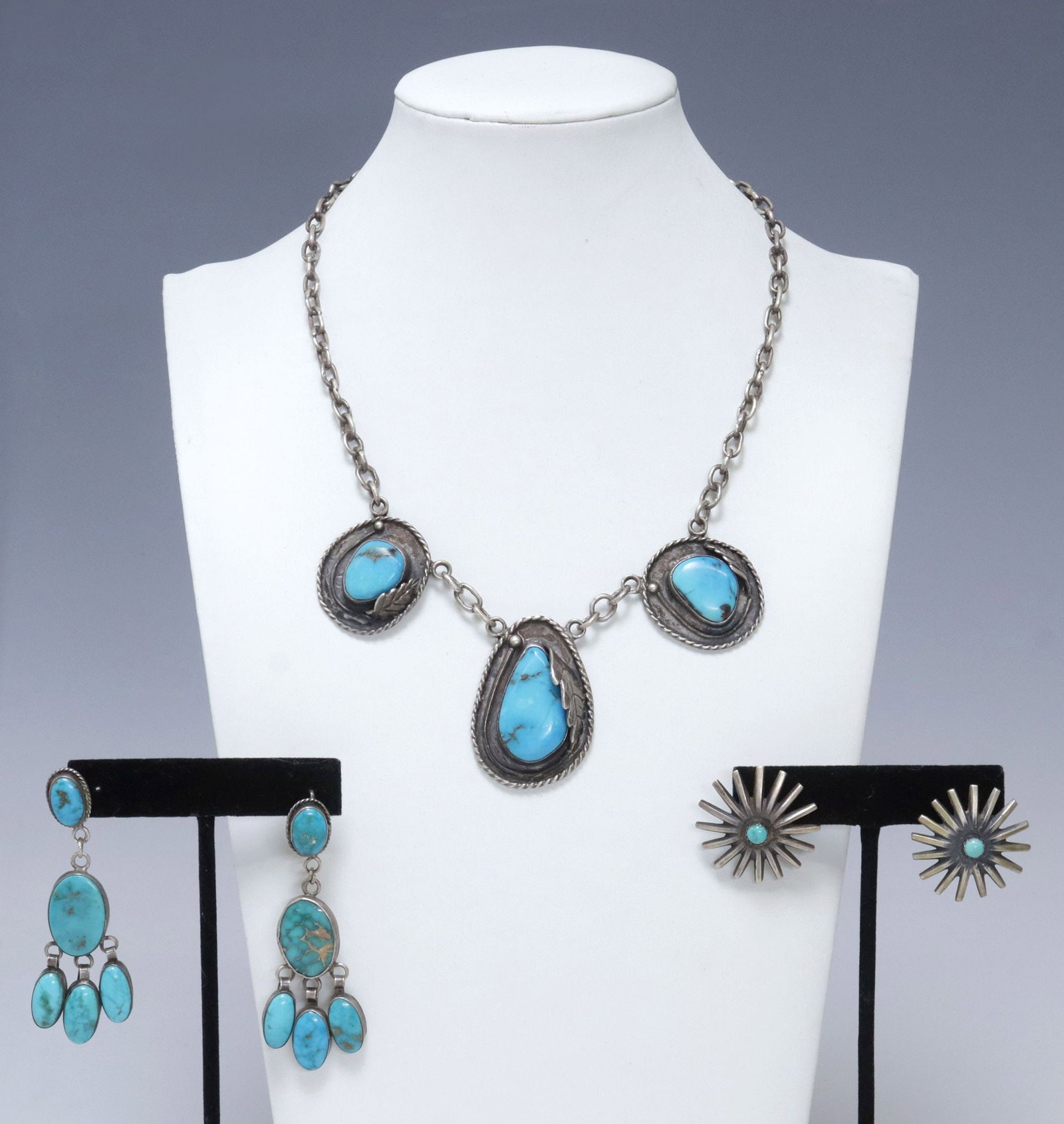 (3) NATIVE AMERICAN SILVER & TURQUOISE PENDANT NECKLACE & EARRINGS