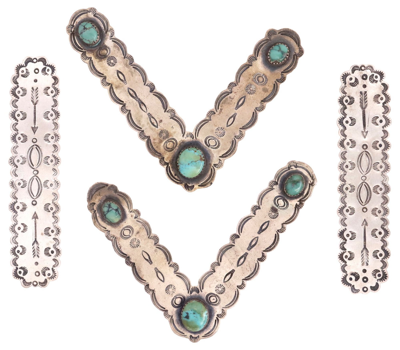 (2 PAIRS) NATIVE AMERICAN SILVER & TURQUOISE COLLAR TIPS, 1 SIGNED AD: (2 pairs) Native American silver (content unknown) collar tabs/ tips, including: (pair) collar tips, each having shaped plaque and geometric stampwork, with (three) bezel-set turquoise cabochons, sign
