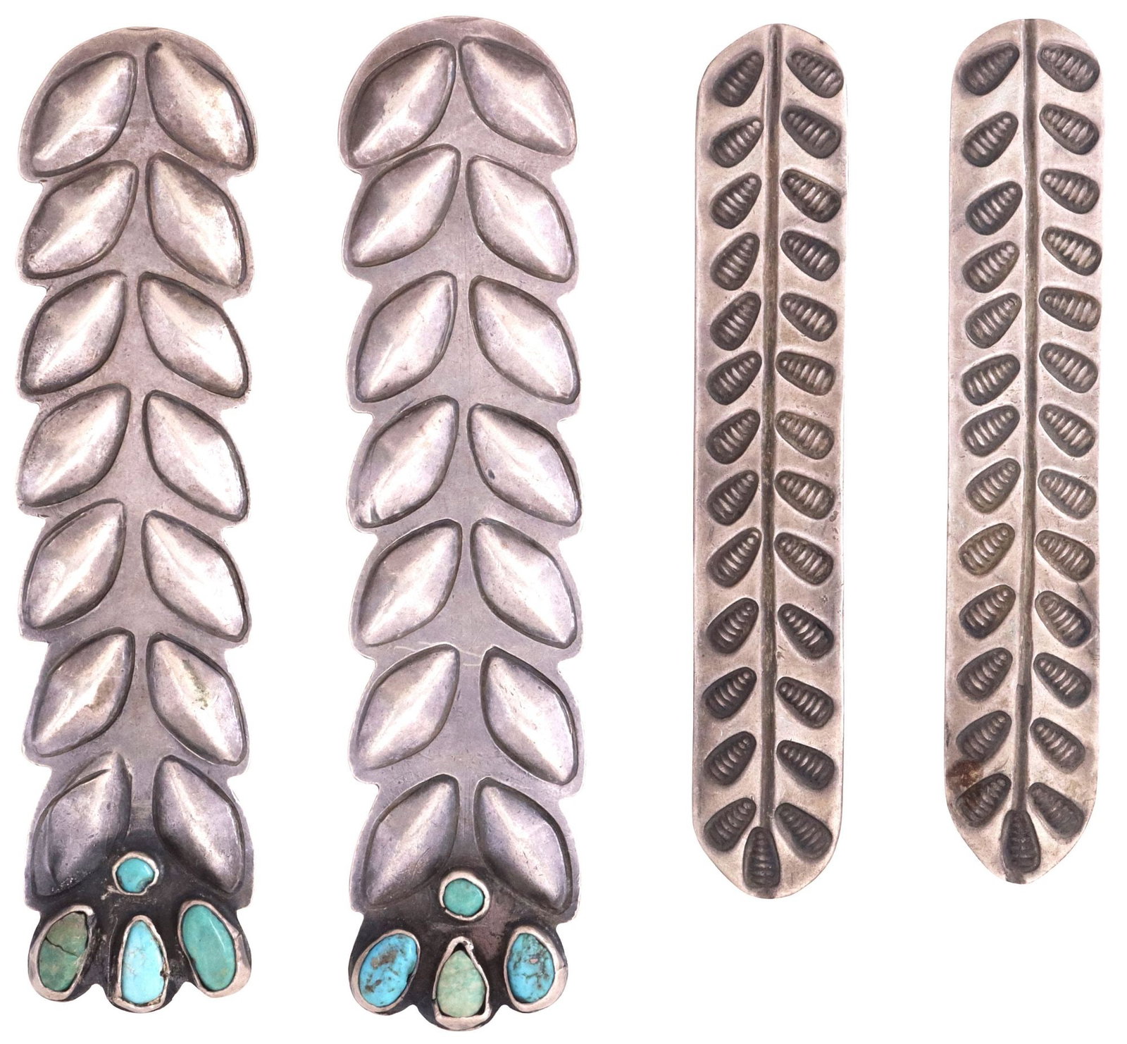 (2 PAIRS) NATIVE AMERICAN SILVER & TURQUOISE CABOCHON COLLAR TABS: (2 pairs) Native American silver (content unknown) collar tabs/ tips, including: (pair) having scalloped plaque with repousse foliate motifs, (four) bezel-set turquoise cabochons, stable fracture to o