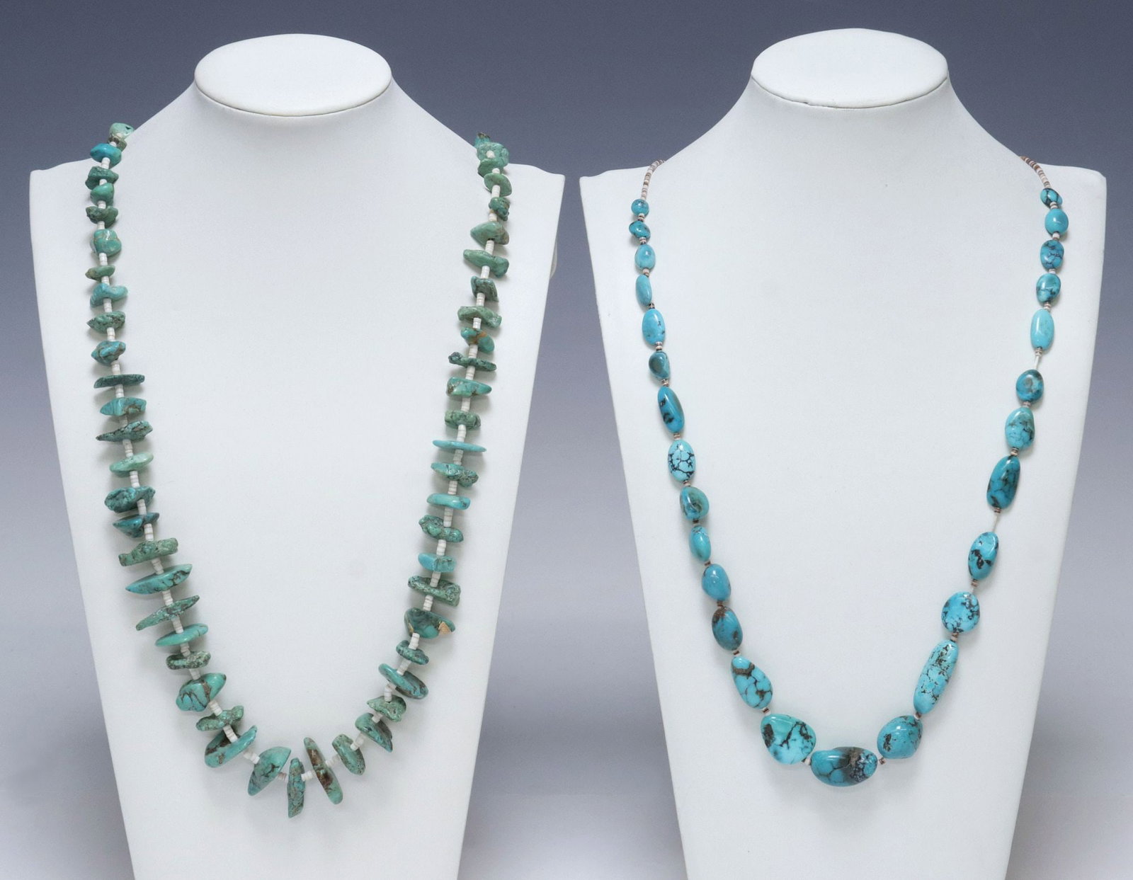 (2) NATIVE AMERICAN TURQUOISE & HEISHI SHELL BEADED NECKLACES: (lot of 2) Native American beaded necklaces, each having graduated beaded turquoise stones, interspersed with heishi shell beads, (1) terminating on a silver-toned metal hook clasp, approx 15.5 "l, (1