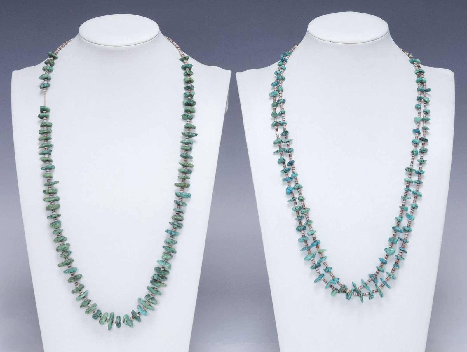 (2) NATIVE AMERICAN TURQUOISE & SHELL HEISHI BEADED NECKLACES: (2) Native American beaded necklaces, each with turquoise stones interspersed with shell heishi beads, including: (1) dual-strand necklace with freeform turquoise beads, on tied thread, approx 22"l; (