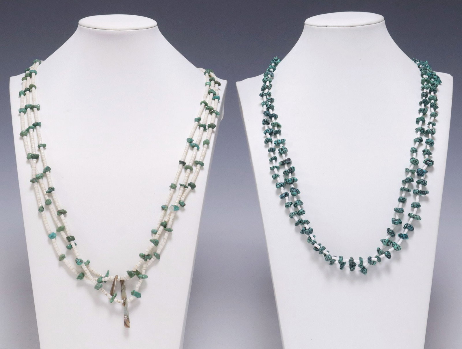(2) NATIVE AMERICAN TURQUOISE & SHELL HEISHI BEADED NECKLACES: (lot of 2) Native American multi-strand beaded necklaces, each with turquoise nuggets and shell heishi beads, on tied cord, including: (1) having three strands, each with oblong shell bead, possibly w