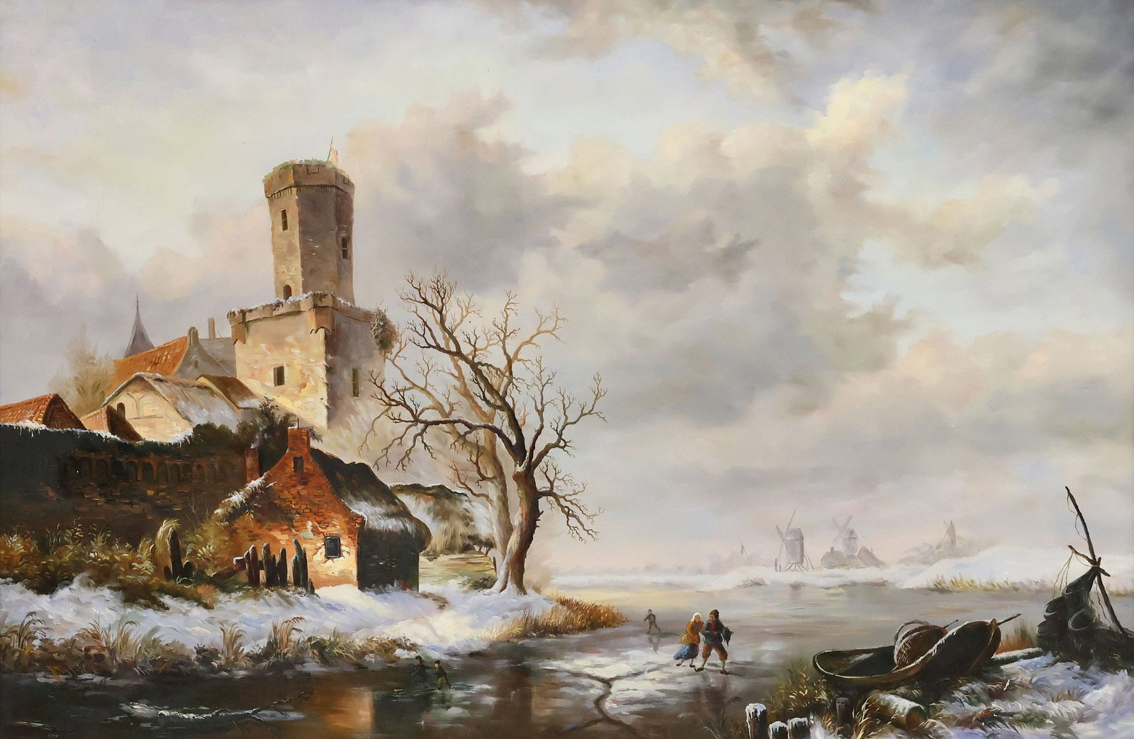 AFTER FREDERIK KRUSEMAN (DUTCH, D.1882) PAINTING, WINTER SCENE W/ FIGURES: Framed oil on canvas painting, Winter Landscape with Skaters Near a Village, after Frederik Marianus Kruseman (Dutch, 1816-1882), apparently unsigned, sight: approx 23"h, 35"w, overall: approx 34.25"h