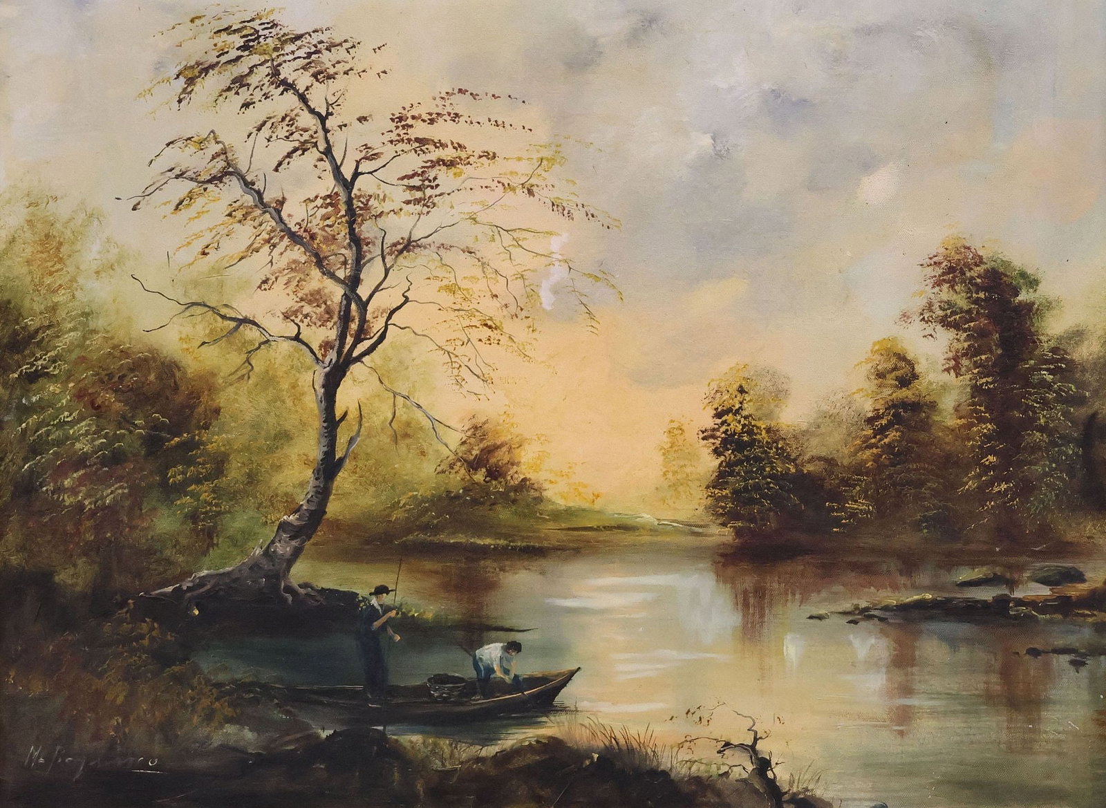 SIGNED ITALIAN SCHOOL PAINTING, FISHERMEN IN AUTUMN LANDSCAPE: Framed oil on canvas painting, Fisherman in an Autumnal Creek Landscape, signed lower left M. Baquero (Italian, 20th c.), sight: approx 22.75"h, 30.5"w, overall: approx 31"h, 39.25"w, 9.75lbs