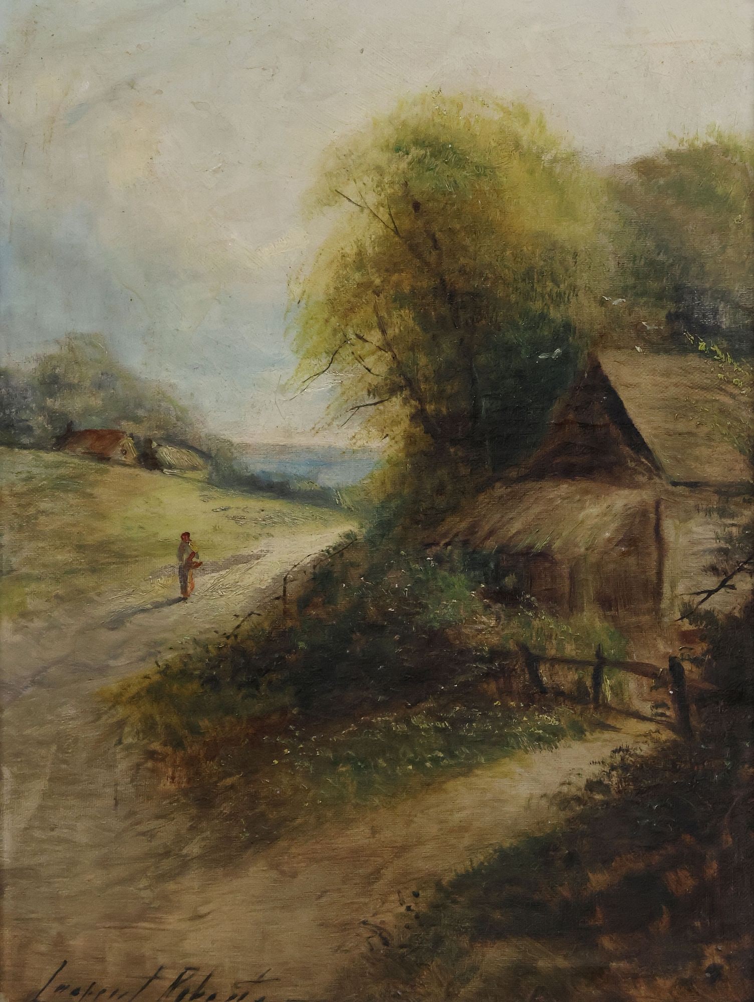 HENRY LARPENT ROBERTS (ENGLISH, 1830-1890) PAINTING, COUNTRY LANDSCAPE: Framed oil on canvas painting laid on board, Country Road with Barn and Figure, signed lower left Larpent Roberts (Henry Larpent Roberts, English, 1830-1890), sight: approx 15.5"h, 11 3/8"w, overall: 