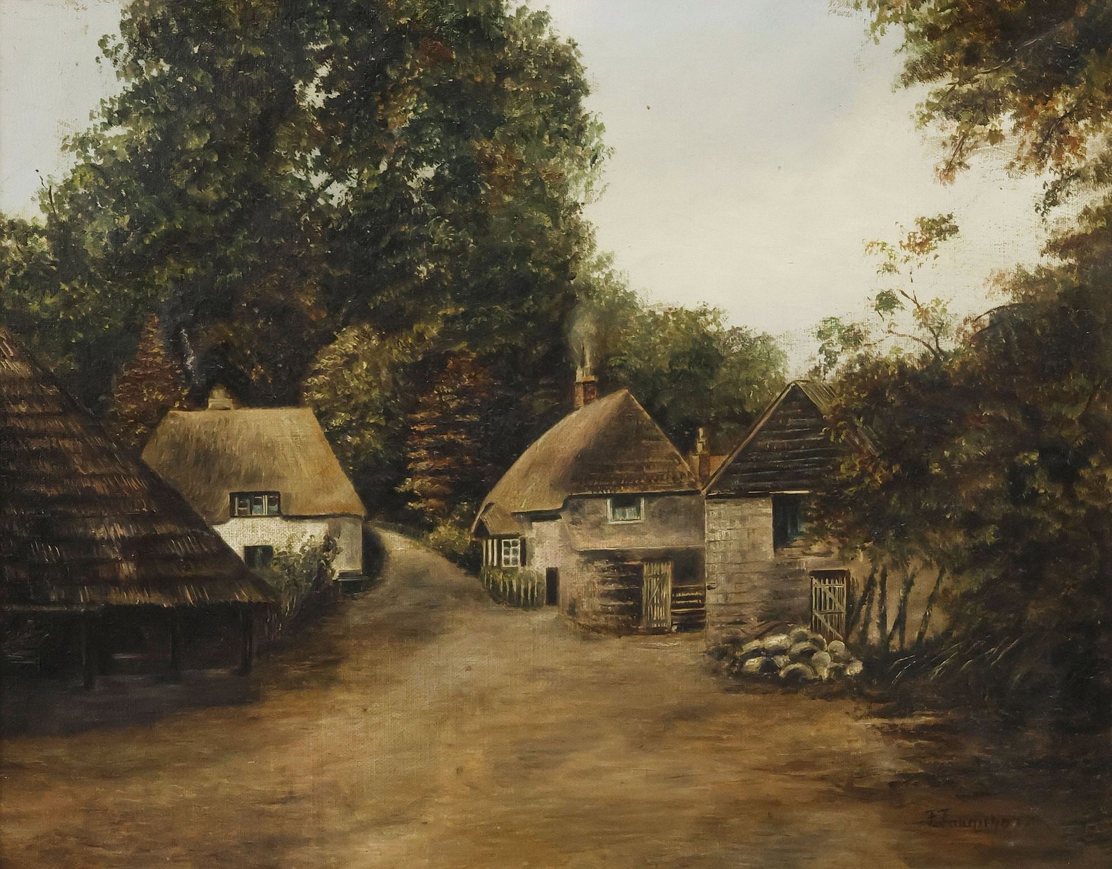 SIGNED F. FARQUHAR (19TH C.) PAINTING, ENGLISH VILLAGE LANDSCAPE: Framed oil on canvas painting, Provincial Village Landscape, signed lower right F. Farquhar (United Kingdom, 19th c.), light warping and patched repairs to canvas, sight: approx 15.25"h, 19.25"w, over