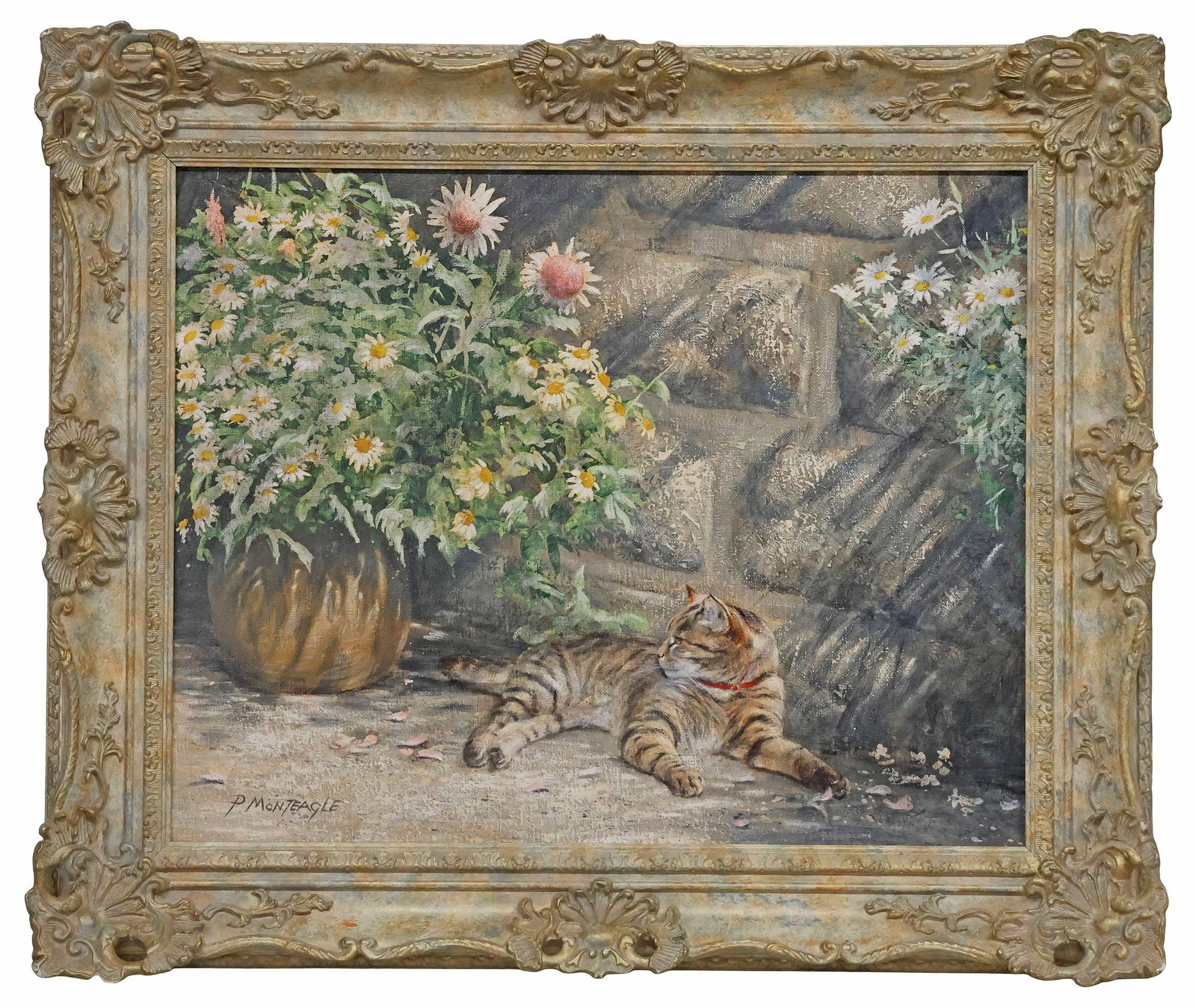 PAUL MONTEAGLE (BRITISH, B.1955) PAINTING, BROWN TABBY CAT IN A GARDEN (1 of 5)