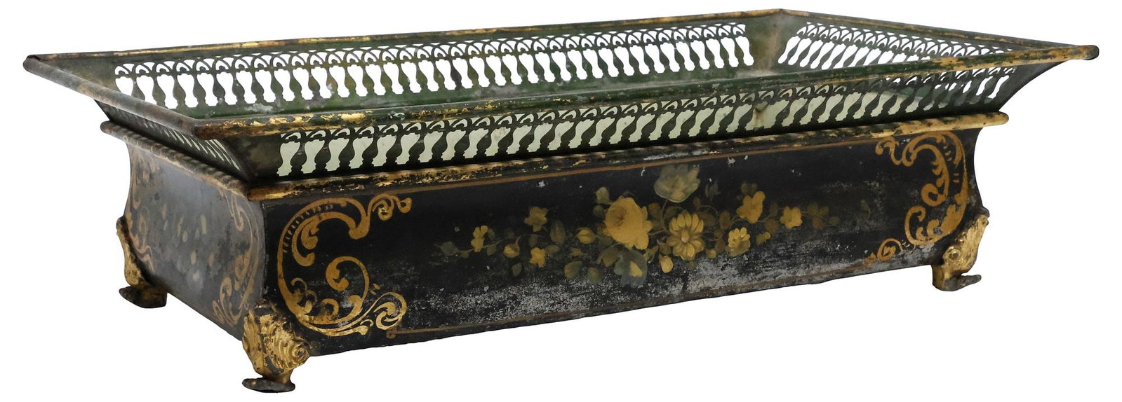 ENGLISH REGENCY PERIOD FLORAL PAINTED TOLEWARE JARDINIERE / PLANTER: English Regency period toleware planter/ jardiniere, early 19th c., of rectangular form with wide pierced border, a black ground on the body polychrome painted with floral sprays and remnants of gilt 