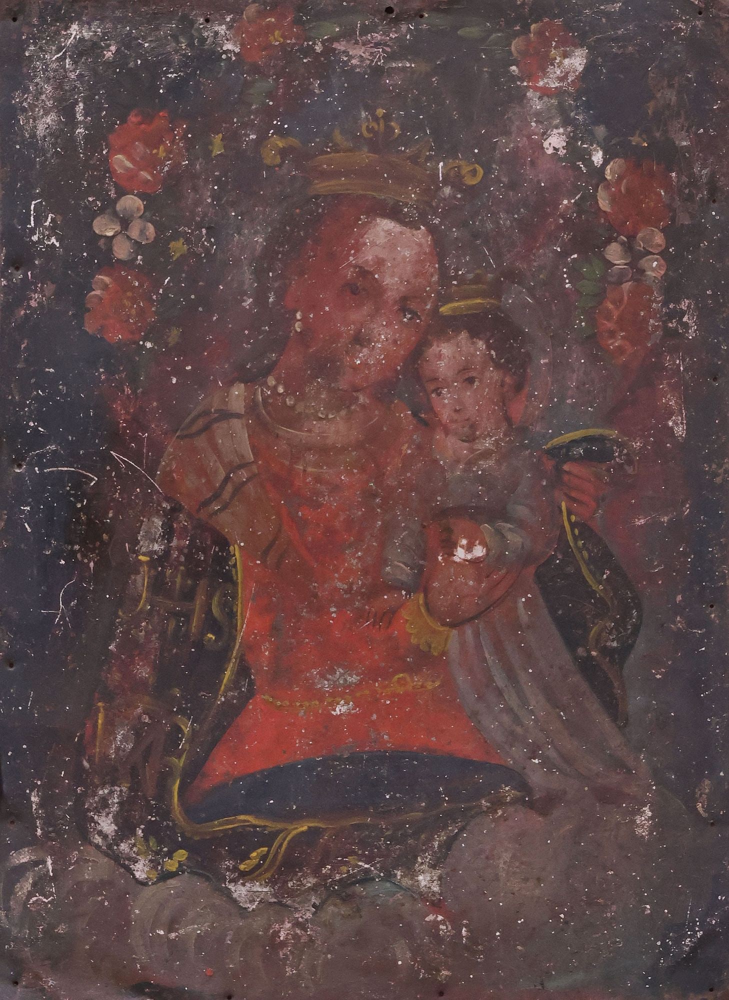 FRAMED OIL ON TIN RETABLO, MADONNA & CHILD, MEXICO: Framed oil on tin retablo, Madonna and Child, Mexico, 19th c., housed in a gilt-painted frame with burgundy velvet upholstered mat, retablo: approx 14"h, 10 1/8"w, sight: approx 15.75"h, 12"w, overall