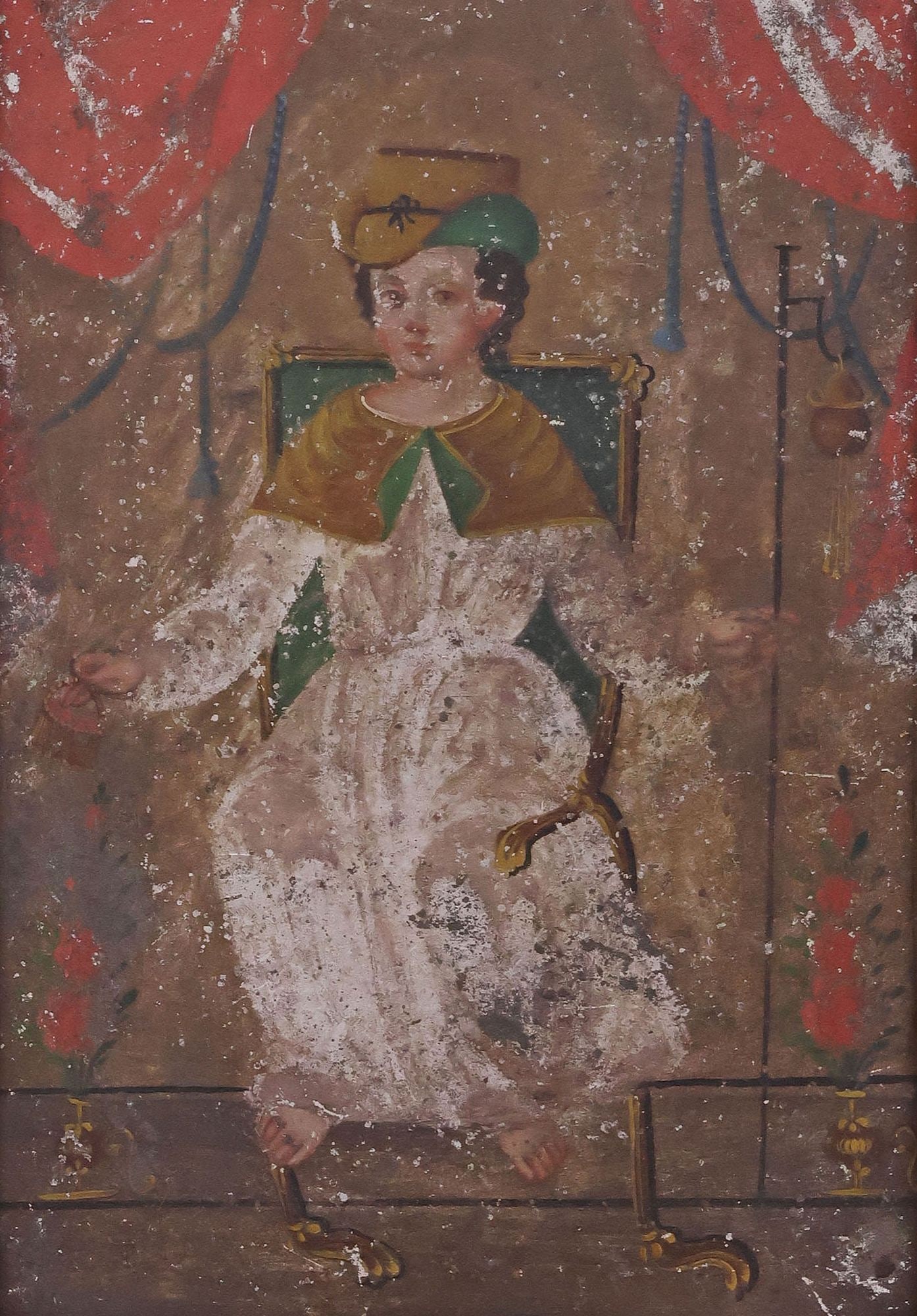 FRAMED OIL ON TIN RETABLO, SANTO NINO DE ATOCHA, MEXICO: Framed oil on tin retablo, Santo Nino de Atocha (The Holy Child of Atocha), Mexico, 19th c., housed in a parcel-gilt wood frame, retaining The Nook and Cranny, San Angelo, Texas gallery label on dust 