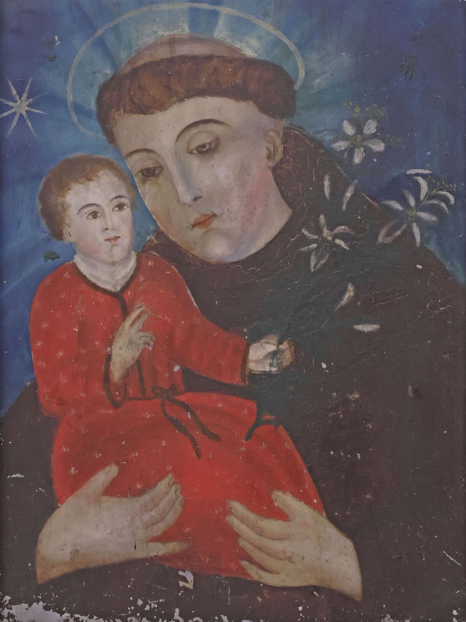 FRAMED OIL ON TIN RETABLO, ST. ANTHONY OF PADUA & CHRIST CHILD, MEXICO: Framed oil on tin retablo, San Antonio de Padua con el Nino Jesus (Saint Anthony of Padua with Christ Child), Mexico, 19th c., sight: approx 16"h, 11.75"w, overall: approx 19"h, 15"w, 2lbs **Provenanc