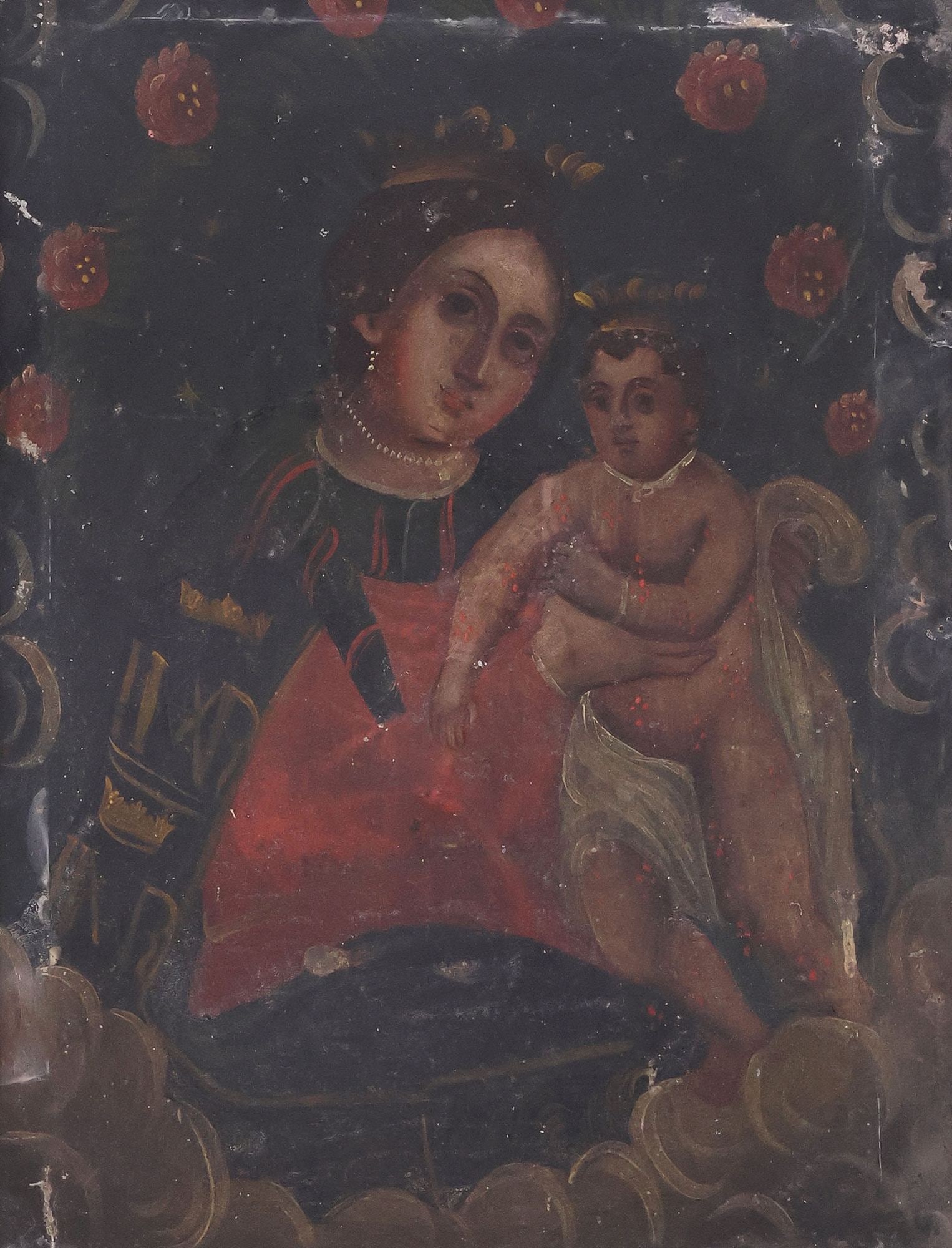 FRAMED OIL ON TIN RETABLO, NUESTRA SENORA DEL REFUGIO (OUR LADY OF REFUGE): Framed oil on tin retablo, Nuestra Senora del Refugio (Our Lady of Refuge), Mexico, depicting the Virgin Mary and Christ Child enthroned above clouds surrounded by flowers, sight: approx 12.5"h, 9.5"w