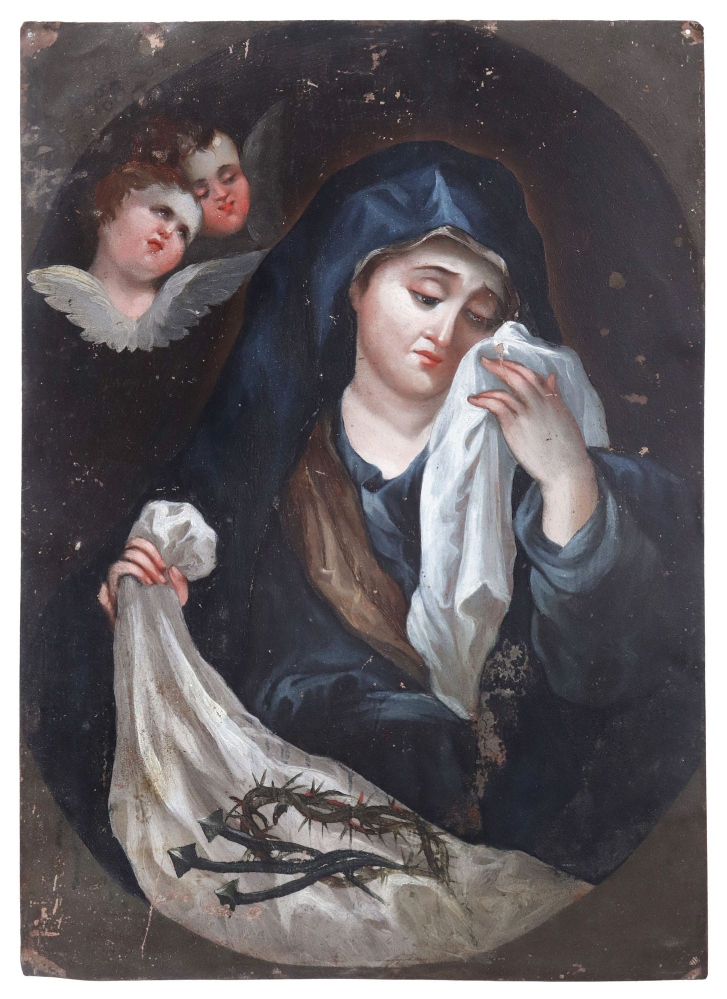 OIL ON TIN RETABLO, NUESTRA SENORA DE LOS DELORES (OUR LADY OF SORROWS), 14"H: Unframed oil on tin retablo, Nuestra Senora de los Dolores (Our Lady of Sorrows), Mexico, depicting the Virgin Mary wiping away tears holding symbols of the Crucifixion and two angels, approx 14"h, 10