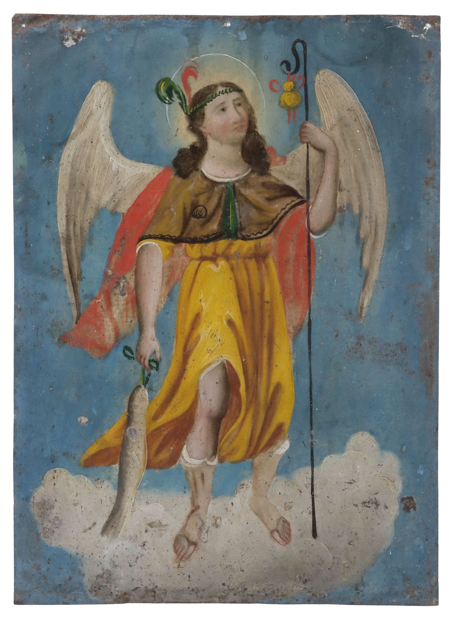 OIL ON TIN RETABLO, SAINT RAPHAEL THE ARCHANGEL, MEXICO, 14"H: Unframed oil on tin retablo, San Rafael Arcangel (Saint Raphael the Archangel), Mexico, depicting the Archangel adorned in a yellow robe and cloak, holding a walking staff in one hand and a fish in th