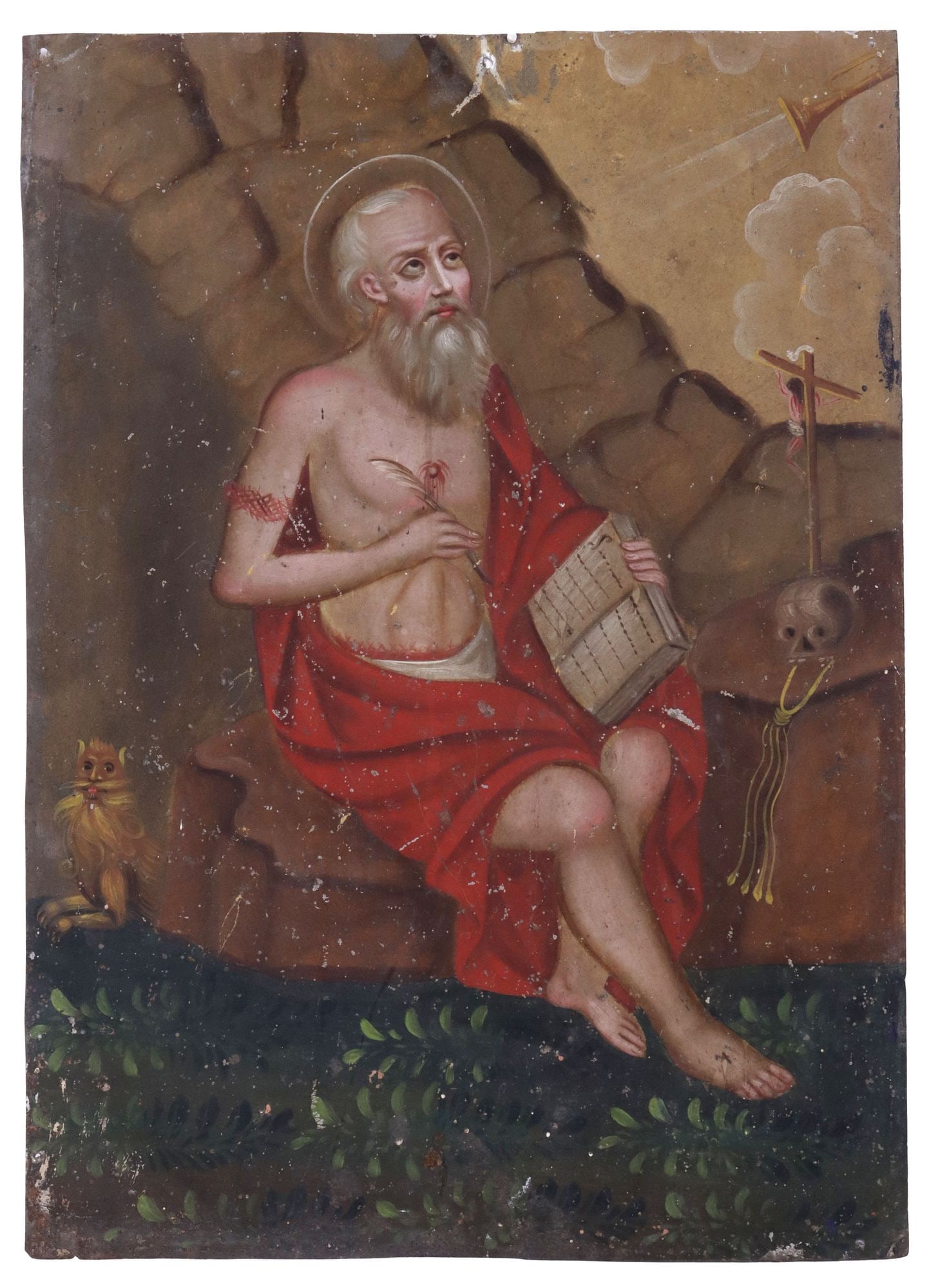 OIL ON TIN RETABLO, SAINT JEROME IN THE WILDERNESS, MEXICO, 14"H: Unframed oil on tin retablo, Saint Jerome (San Geronimo) in the Wilderness, Mexico, depicting the bearded Saint with a red clock, holding a quill and book, contemplating the crucifixion, with small li