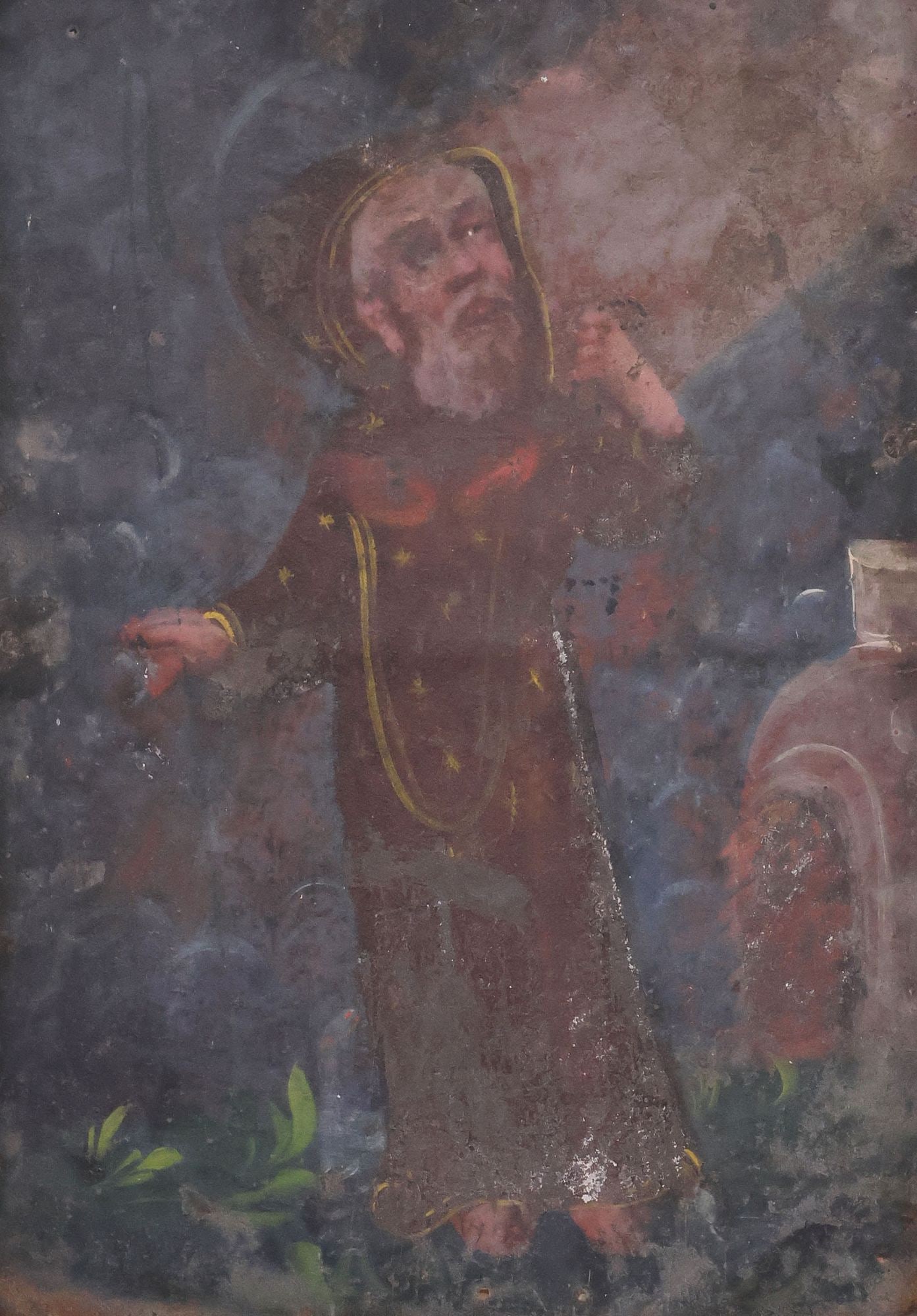 FRAMED OIL ON TIN RETABLO, SAINT FRANCIS OF PAOLA, MEXICO: Framed oil on tin retablo, San Francisco de Paula (Saint Francis of Paola), Mexico, depicting the saint in habit adorned with stars, shepherd's staff in left hand and rosary in right, sight: approx 9.