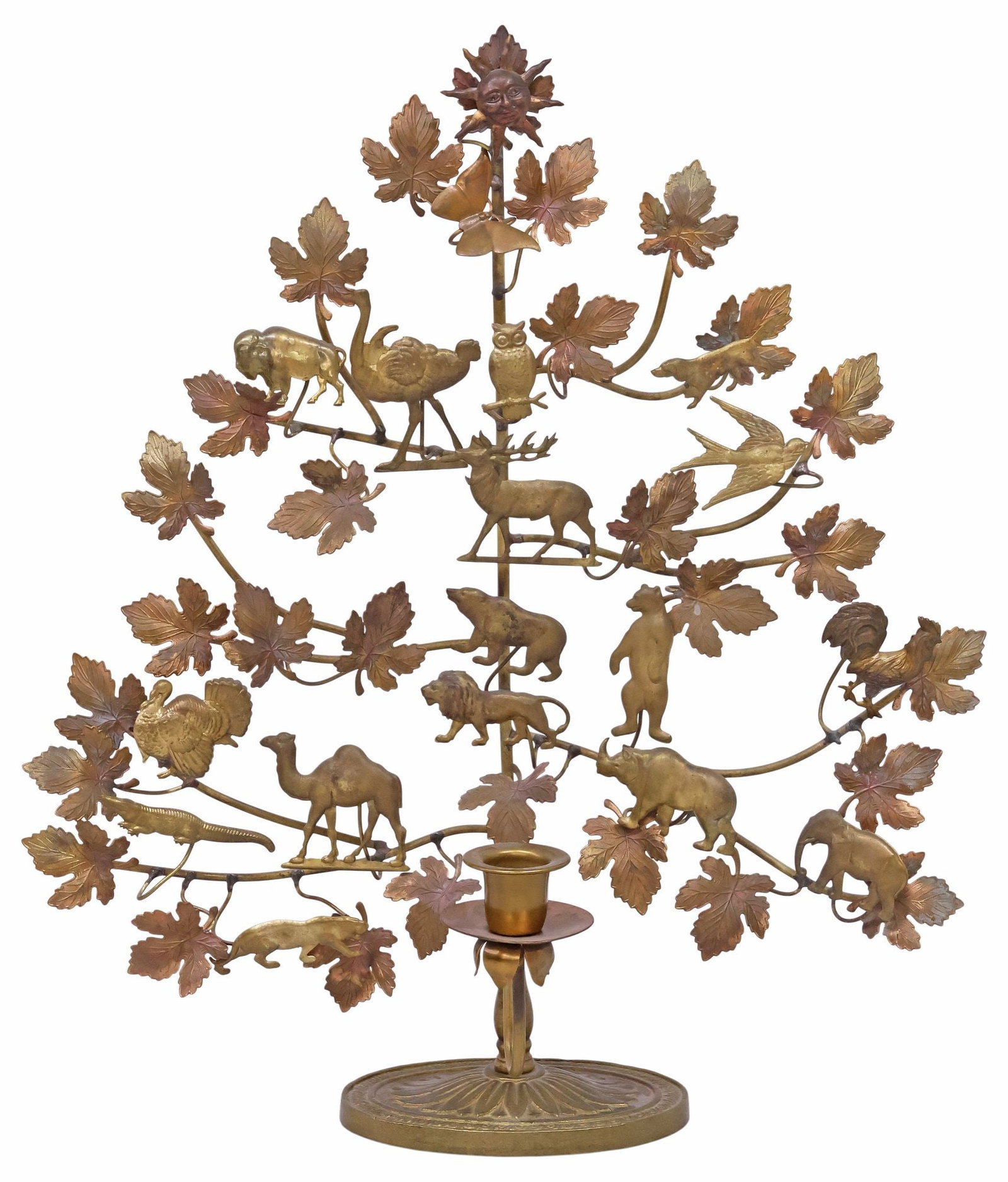 VINTAGE 'TREE OF LIFE' BRASS CANDLE HOLDER W/ ANIMAL MOTIFS: Vintage brass candle holder, 20th c., modeled as a tree of life, with various animal ornaments adorning foliate branches, rising on integral ovular foot with floral rosette, unmarked, attributed by co