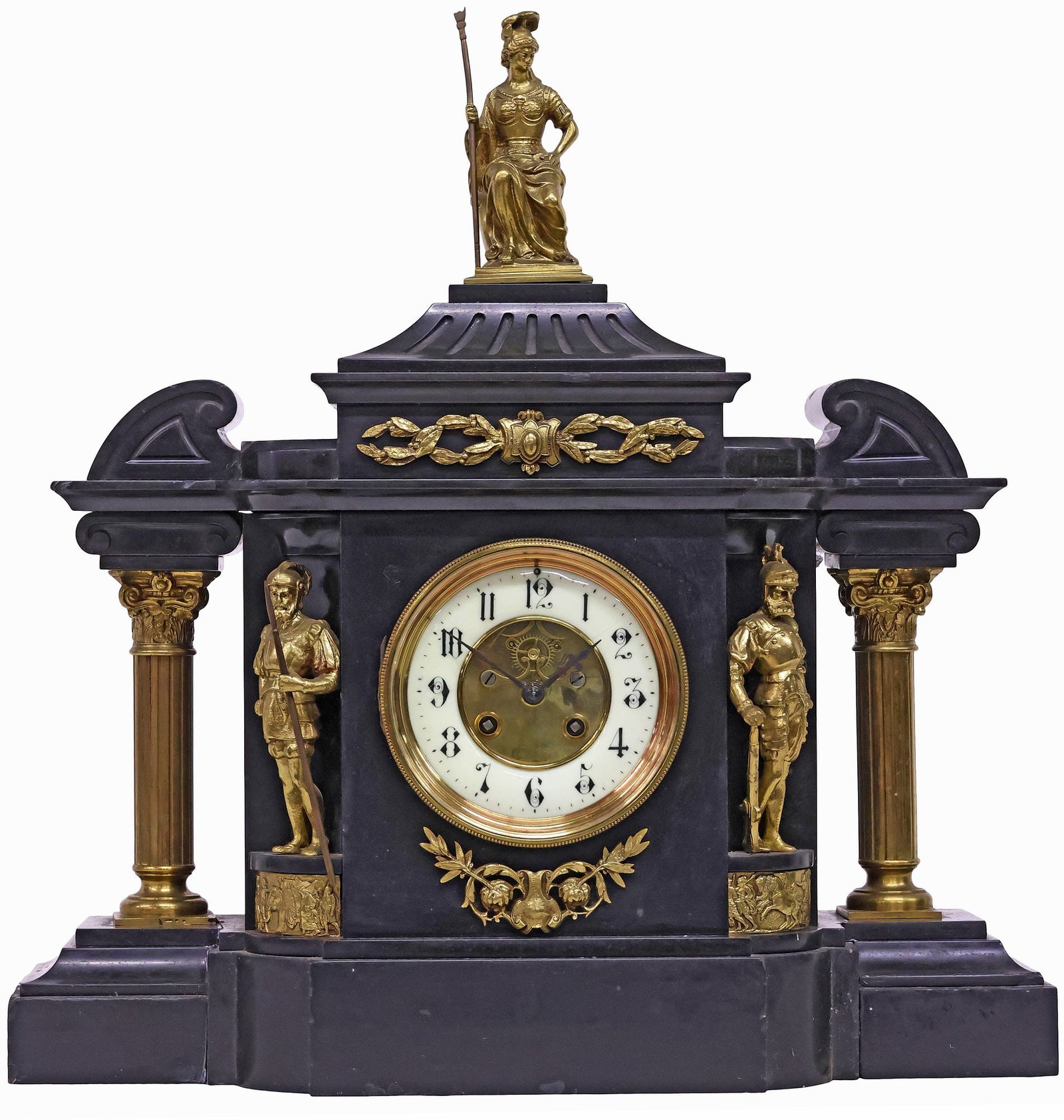VICTORIAN NEOCLASSICAL STYLE ARCHITECTURAL SLATE MANTEL CLOCK: Victorian Neoclassical style slate mantle clock, late 19th c., architectural case with gilt-metal mounts, surmounted by a seated allegorical figure with staff, above white dial with open escapement, A