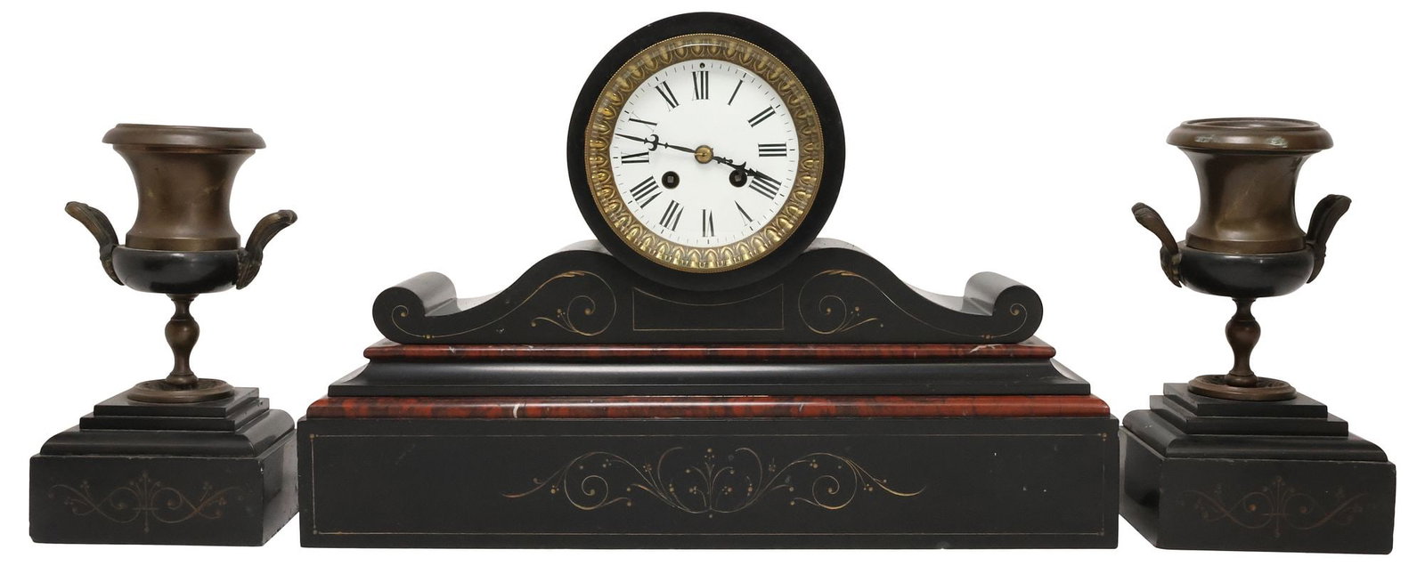 (3) VICTORIAN SLATE & ROUGE MARBLE MANTEL CLOCK & URN GARNITURE SET: (lot of 3) Victorian slate mantel clock and garniture set, late 19th c., each rising on platform base with incised scrollwork motifs, including: (1) drumhead mantel clock, having white dial with Roman