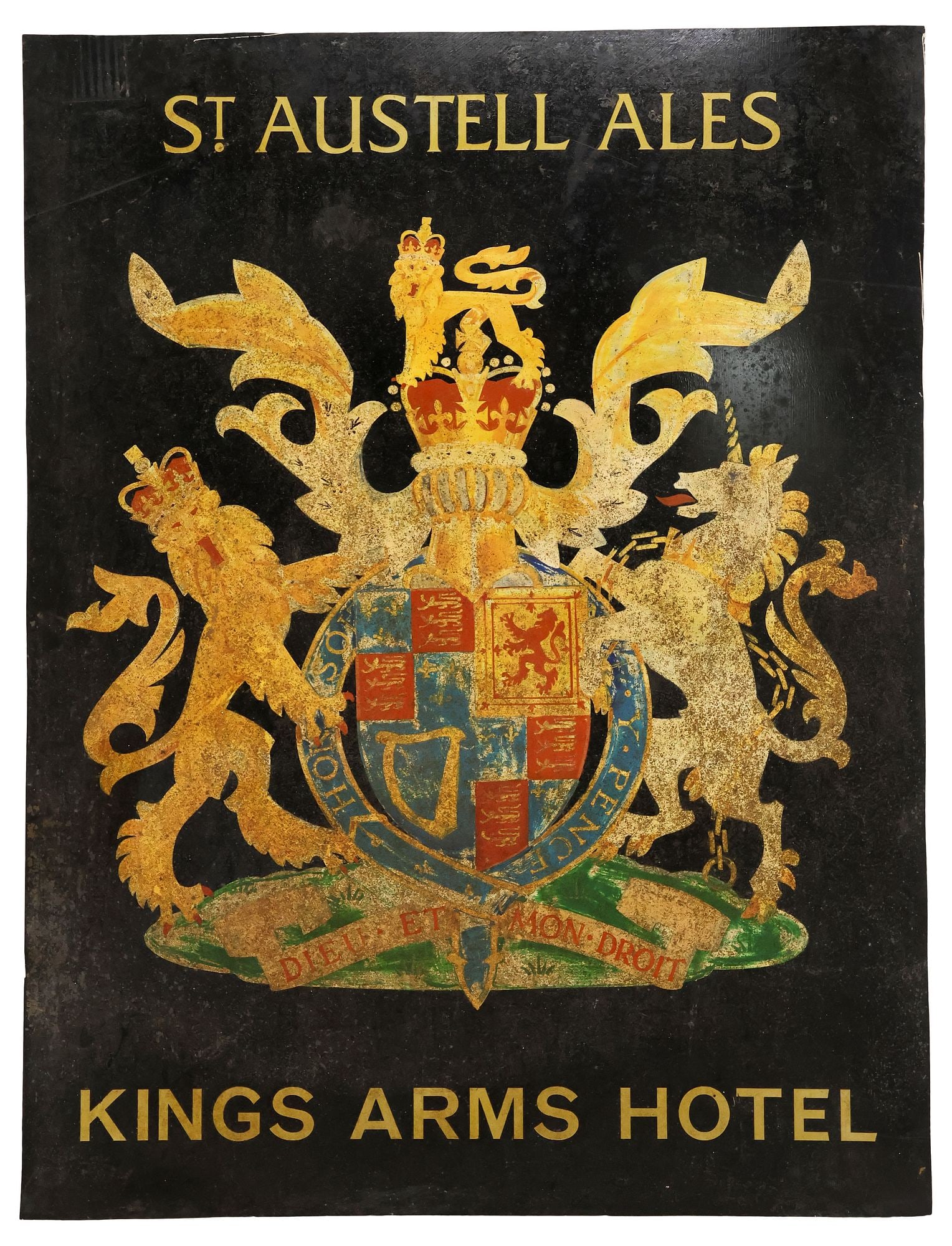 ENGLISH 'KINGS ARMS HOTEL' PAINTED METAL ADVERTISING SIGN: Decorative English painted metal pub advertising sign, The King's Arms Hotel, with the English royal coat of arms on a black background, approx 41.75"h, 32"w **PLEASE NOTE: All of the cast stone and g