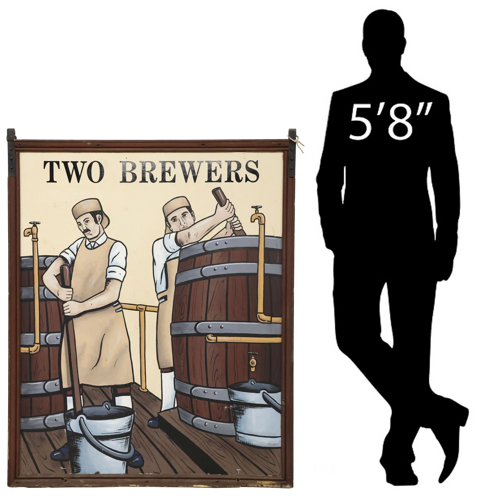 ENGLISH PAINTED WOOD PUB ADVERTISING SIGN, THE BREWERS, 52.5"H: Decorative English painted wood and metal pub advertising sign, The Brewers, approx 52.5"h, 42"w **PLEASE NOTE: All of the cast stone and garden pieces in this auction have inherent flaws and evidence