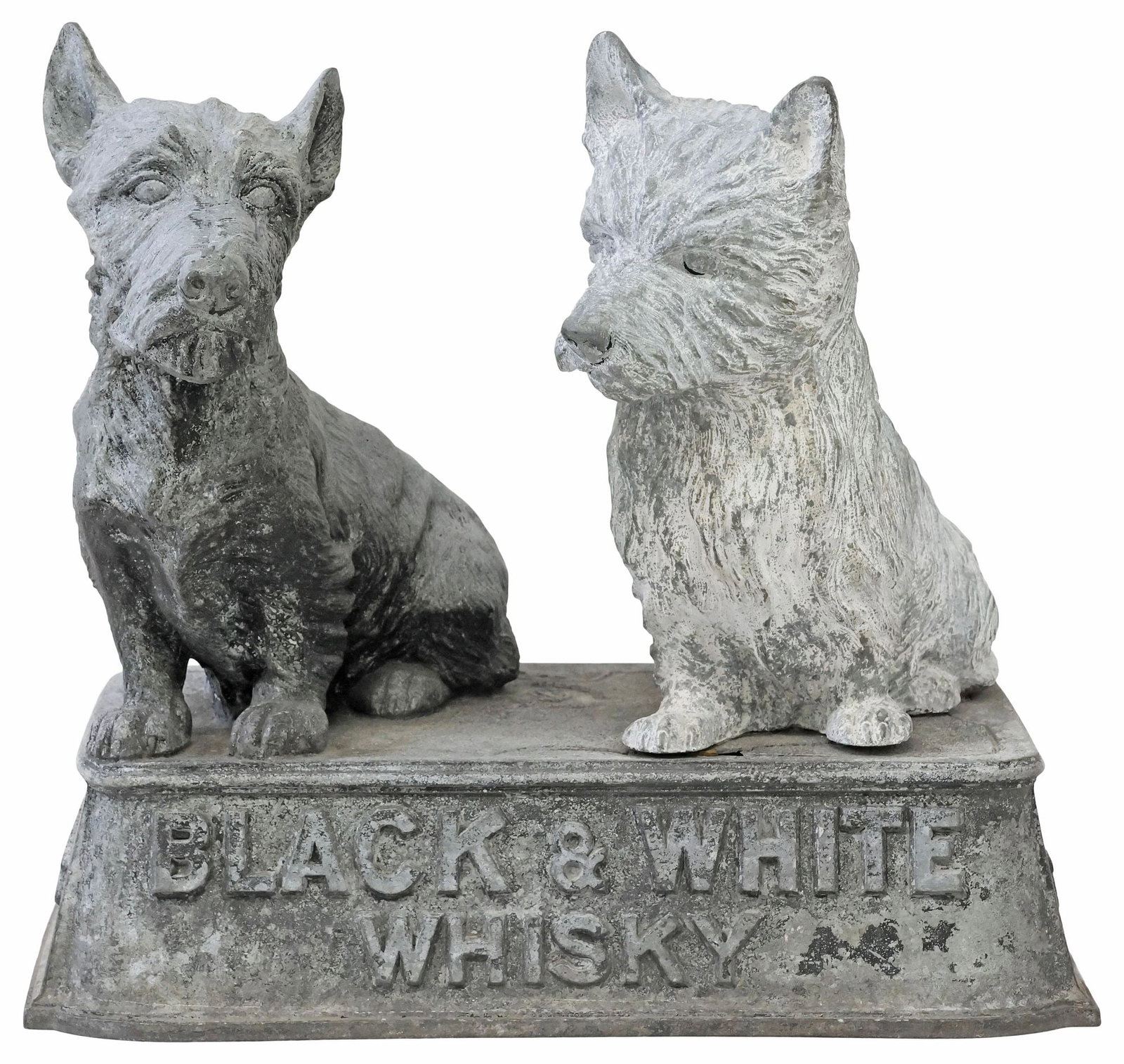 ENGLISH JAMES BUCHANAN & CO. CAST METAL ADVERTISING FIGURE, WHISKEY DOGS: English cast metal advertising figure, James Buchanan & Company, London, c.1929, modeled as a pair of Scottish terriers, sitting atop rectangular base, inscribed "Black and White Whisky," partially ob