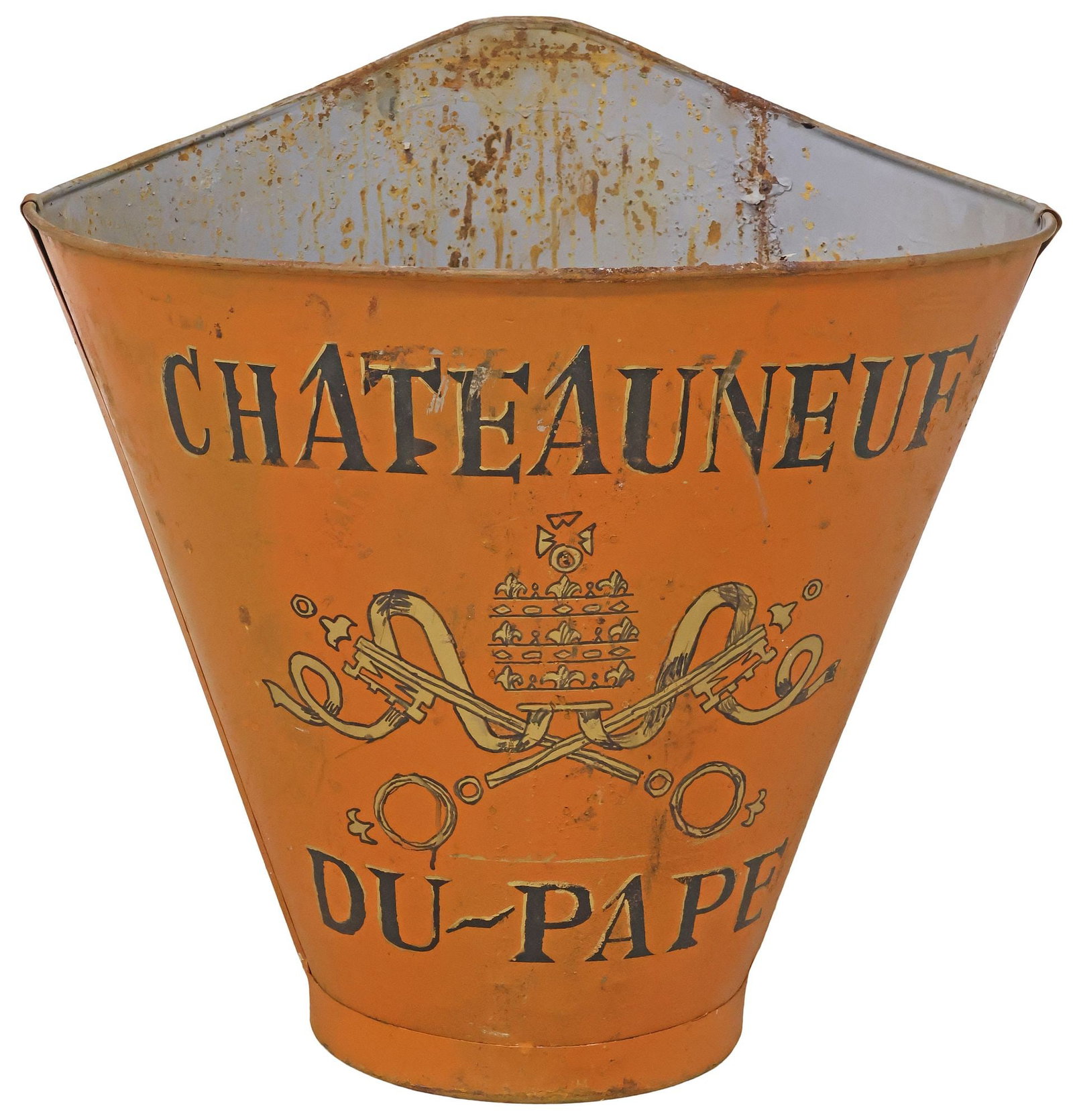 FRENCH VINEYARD PAINTED METAL GRAPE PICKER'S HOTTE / HOD: French paint-decorated galvanized metal grape picker's hotte/ hod, 20th c., stenciled Chateauneuf Du Pape logo with Saint Peter's keys and papal tiara, retaining remnants of worn leather straps, appro