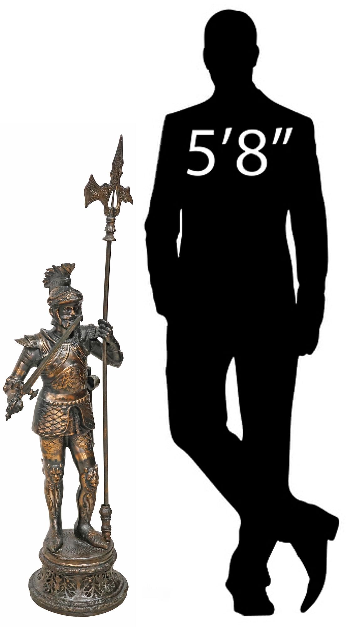 CONTINENTAL PATINATED SPELTER SCULPTURE, WARRIOR WITH AXE & SWORD: Continental patinated spelter sculpture, Warrior with Axe and Sword, the figure adorned in armorial regalia, hoisting an axe in one hand and a sword in the other, rising on pierced socle-form base, et