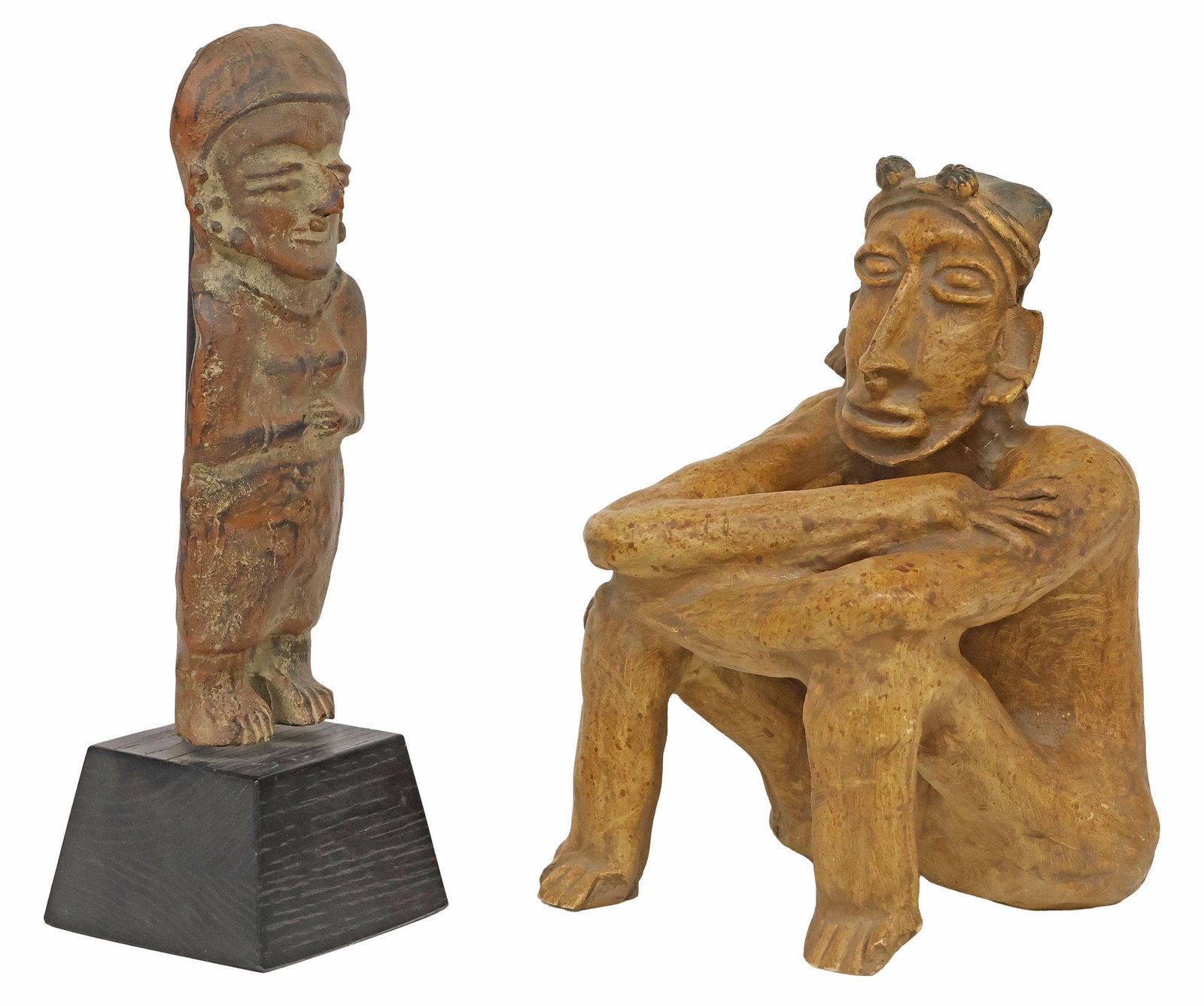 (2) PRE-COLUMBIAN STYLE CAST FIGURES, SEATED MAN & STANDING WOMAN: (lot of 2) Pre-Columbian style cast sculptures, each in a tonal finish, including: (1) seated man, with arms crossed on knees, approx 10"h, 6"w, 6"d; (1) standing female figure, on tapering wood stand