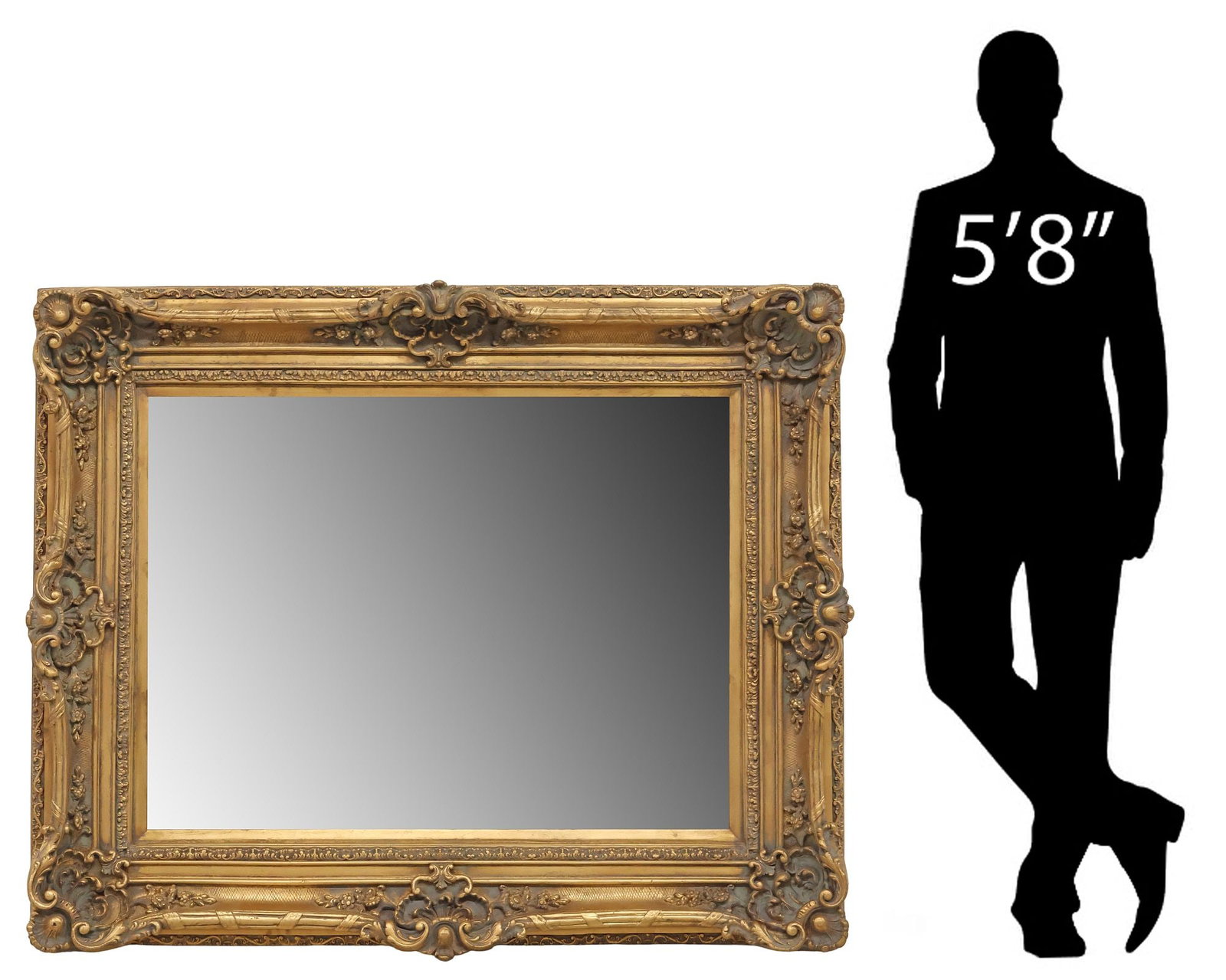 LOUIS XVI STYLE GILT-PAINTED BEVELED WALL MIRROR, 47" X 56": Louis XV style gilt-painted wall mirror, 20th c., rectangular frame, with scrolled foliates and floral motifs, encasing beveled mirror plate, approx 47"h, 56"w, 57lbs