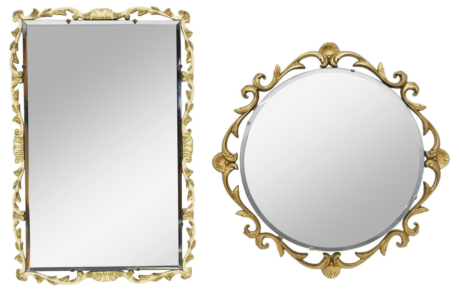 (2) ROCOCO STYLE BEVELED WALL MIRRORS, PEERART & ATSONEA: (lot of 2) Rococo style wall mirrors, late 20th c., each having foliated scrollwork frames, encasing beveled mirror plates, retaining maker's label at reverse, including: (1) Peerart, circula