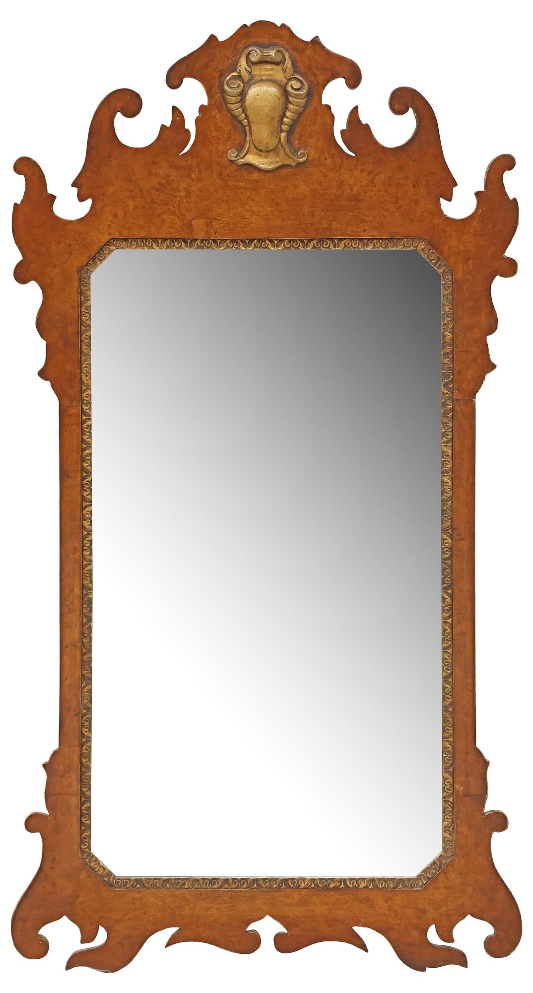 ENGLISH CHIPPENDALE STYLE PARCEL-GILT BURLWOOD WALL MIRROR: English Chippendale style burlwood wall mirror, 20th c., having scrolled frame centering shield-form cartouche, parcel-gilt foliate-molded trim, encasing flat mirror plate, approx 27"h, 14.5"w, 5lbs