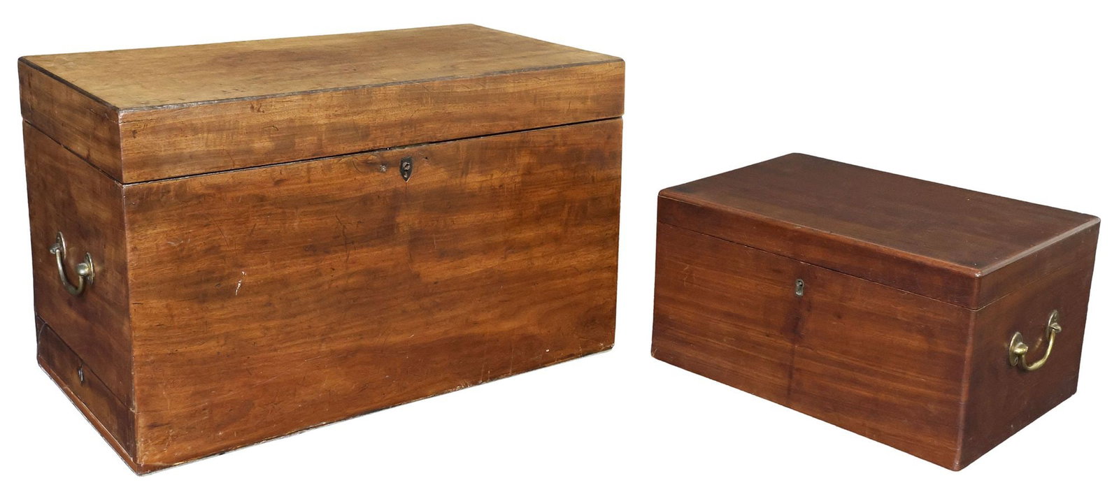 (2) ENGLISH MAHOGANY GEORGIAN DOCUMENT BOX & A TABLE BOX: (lot of 2) English mahogany storage boxes, both intact with side carrying handles, including: (1) Georgian document box, early 19th c., the lid with interior panel, opening to ribboned storage, open i
