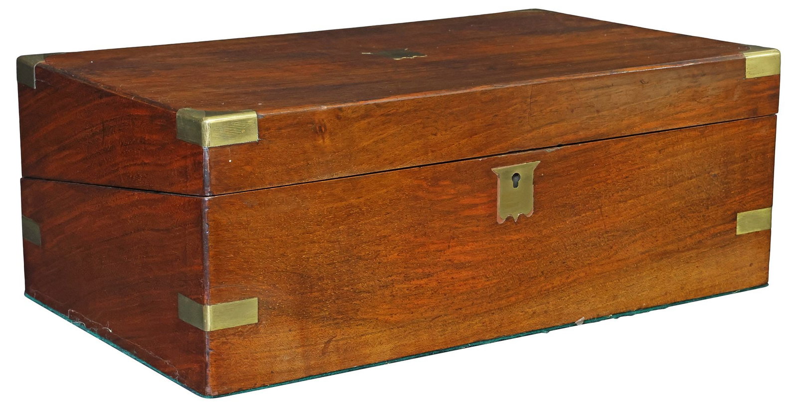 ENGLISH BRASS-BOUND MAHOGANY WRITING SLOPE / TRAVEL DESK: English brass-bound mahogany writing slope/ travel desk, 19th c., the lid centering a vacant shield-form cartouche, brass-mounted corners and center straps, fitted interior with pencil storage, two in