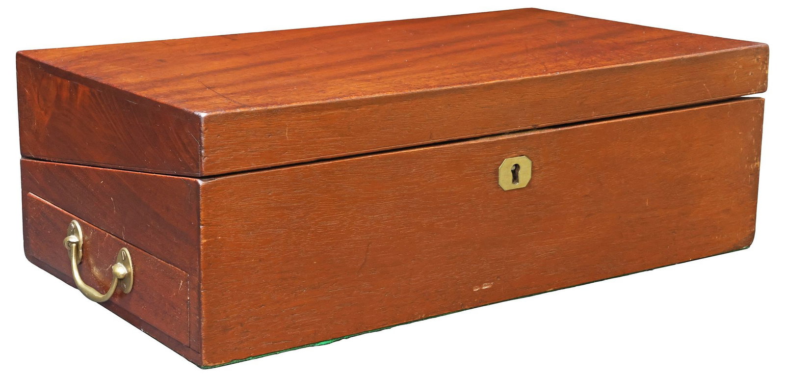 ENGLISH MAHOGANY WRITING SLOPE / TRAVEL DESK, EARLY/MID 19TH C.: English mahogany writing slope/ travel desk, likely late Georgian/early Victorian, 19th c., the rectangular case with brass handles, opening to pencil storage, ink receptacles, and stamp trough, later