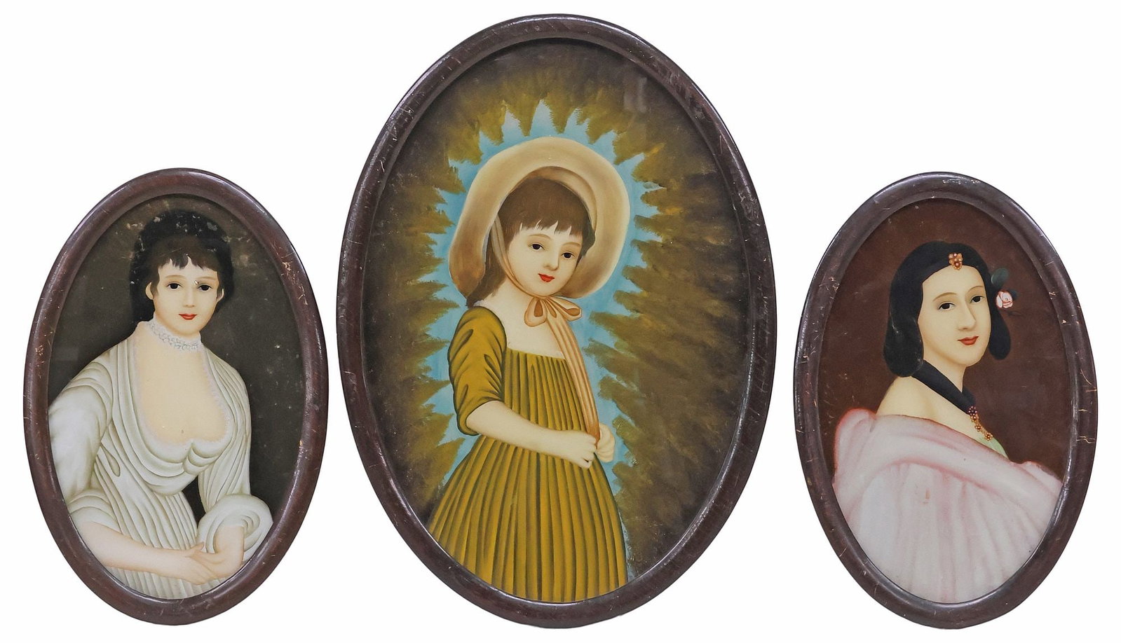(3) VICTORIAN REVERSE PAINTINGS ON GLASS, PORTRAITS OF LADIES & GIRL: (lot of 3) Framed Victorian reverse paintings on glass, late 19th c., all apparently unsigned, including: (2) Portraits of Young Ladies, each sight: approx 17.75"h, 11"w, overall: approx 20"h, 13.25"w