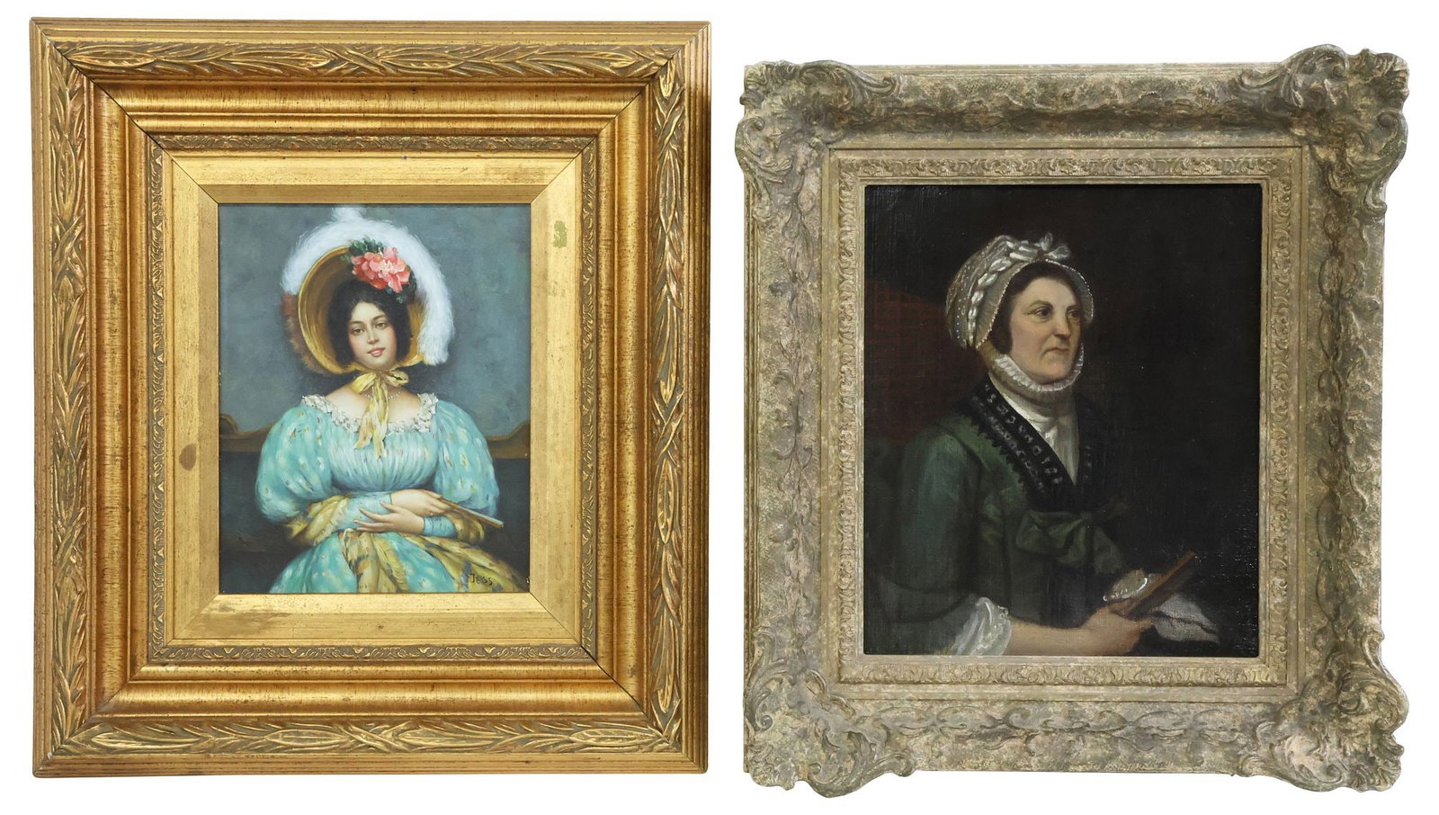 (2) ENGLISH SCHOOL PORTRAIT PAINTINGS, YOUNG LADY & ELDERLY WOMAN: (lot of 2) Framed English School oil paintings, including: (1) on board, Portrait of a Young Lady in Feathered Bonnet, signed lower right Jess, sight: approx 9.5"h, 7.5"w, overall: approx 18.5"h, 16.5