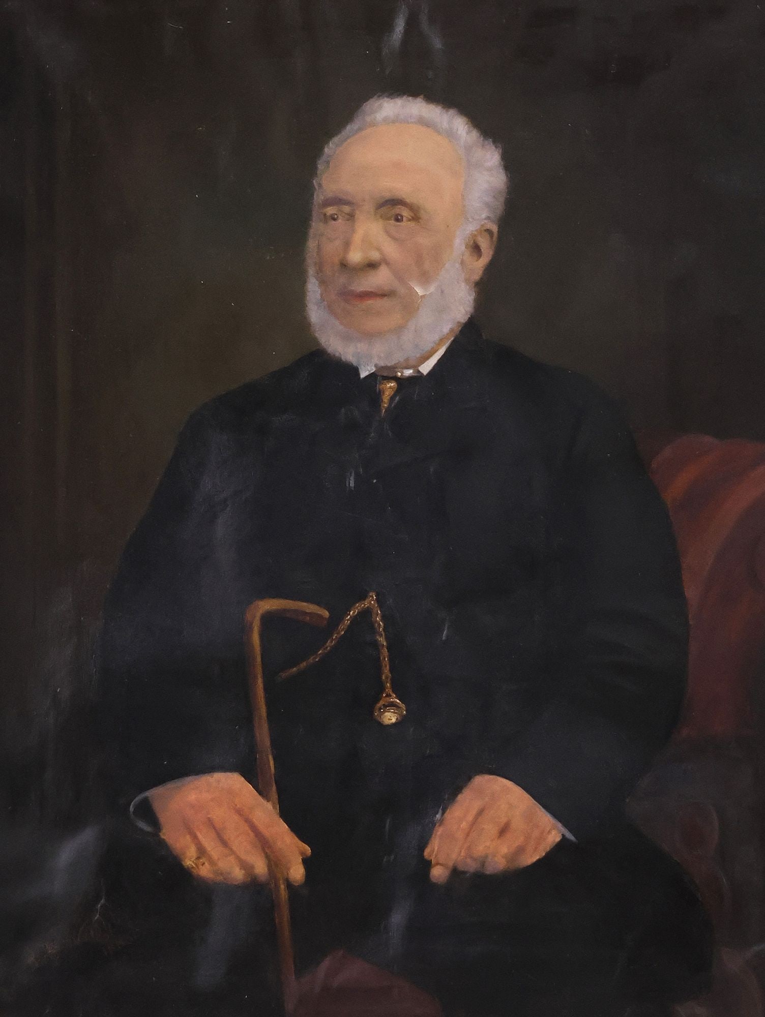 SIGNED R.E. WRIGHT (ENGLISH, 19TH C.) PAINTING, PORTRAIT OF A GENTLEMAN: Framed oil on canvas painting, Portrait of an Elderly Gentleman with Cane, signed lower left R.E. Wright (English, 19th c.), dated 1883, overall warping to canvas, patched repair at lower corner, sigh