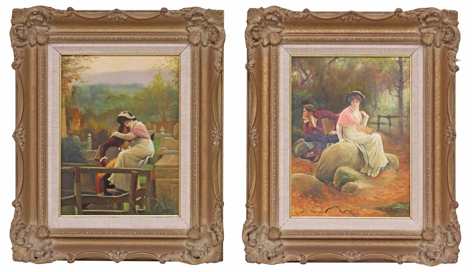 (2) AFTER MARCUS STONE (ENGLISH, D.1921) PAINTINGS, COURTSHIP SCENES: (lot of 2) Framed oil on board paintings, after Marcus Clayton Stone R.A. (English, 1840-1921), each signed lower right Klein (20th c.), including: (1) "Lovers Embracing by Moonlight," (1) "Lovers Spa