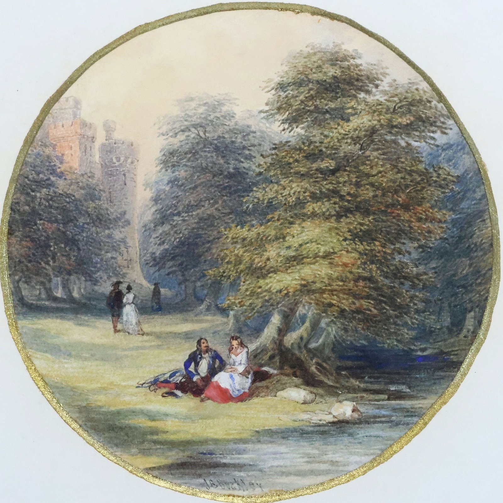 JOHN EDMUND BUCKLEY (ENGLISH, D.1876) WATERCOLOR PAINTING, COURTING COUPLES: Framed watercolor painting on paper, Courting Couples in the Park, signed lower center J.E. Buckley (John Edmund Buckley, English, 1824-1876), not examined out of frame, sight: approx 5.75"h, 5.75"w, 